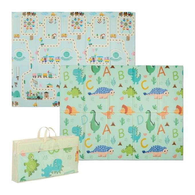 Sammenfoldelig legetæppe med dinosaur og tog