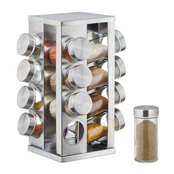 Krydderihylde med 16 stk. glas krukker