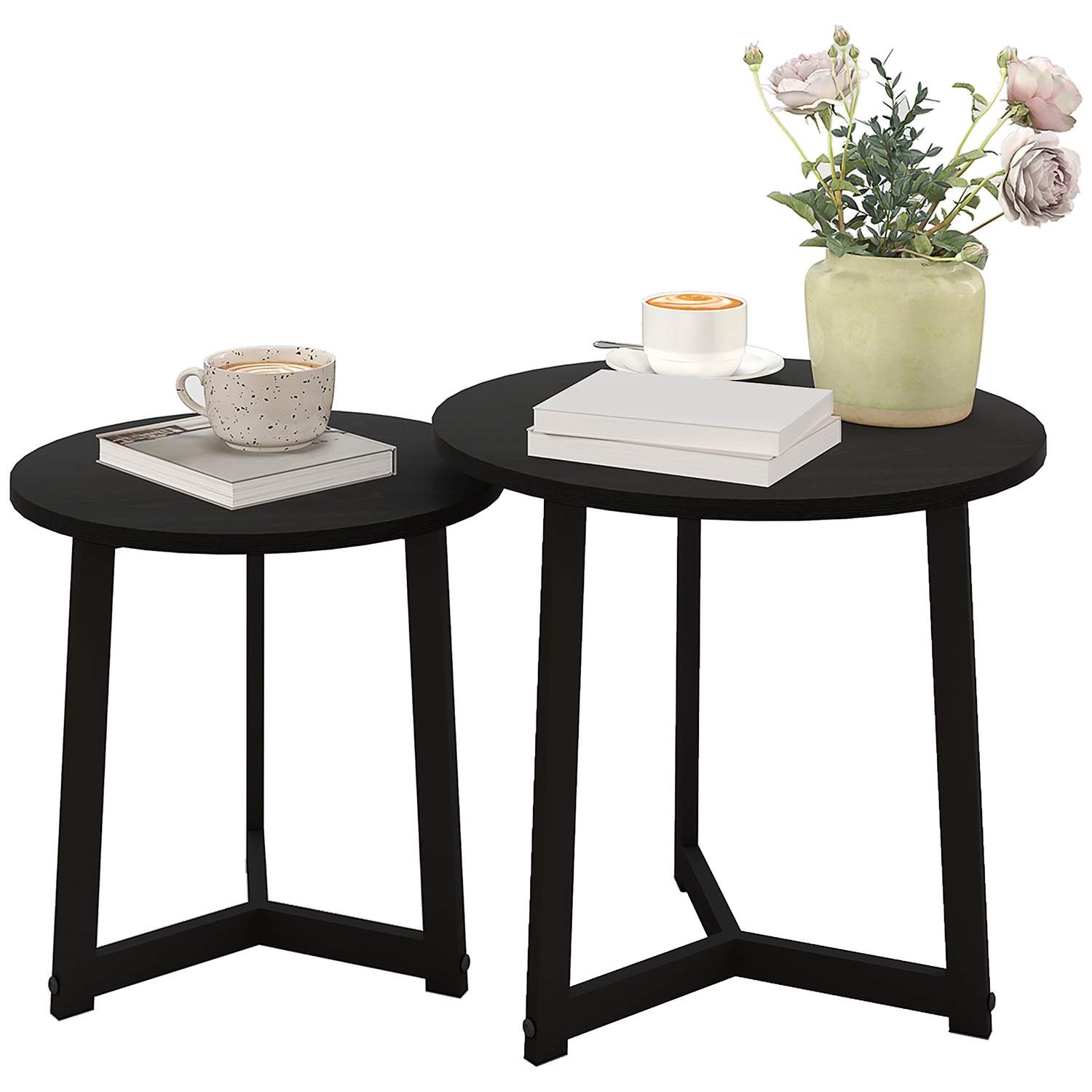Sæt med 2 sofaborde, runde sideborde, sofabord med stålstel, sofabord i moderne design, til stue, bæreevne op til 35 kg, sort