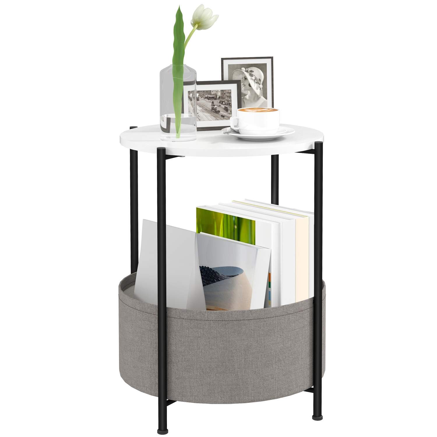 Sidobord, soffbord med tygkorg, runt soffbord med förvaringsutrymme, för vardagsrum, sovrum, 44 x 44 x 56 cm, stål, grå + vit | Elektronik - Tillbehör Mobil & Surfplatta - Surfplatta Tillbehör - Stativ | Pryloteket
