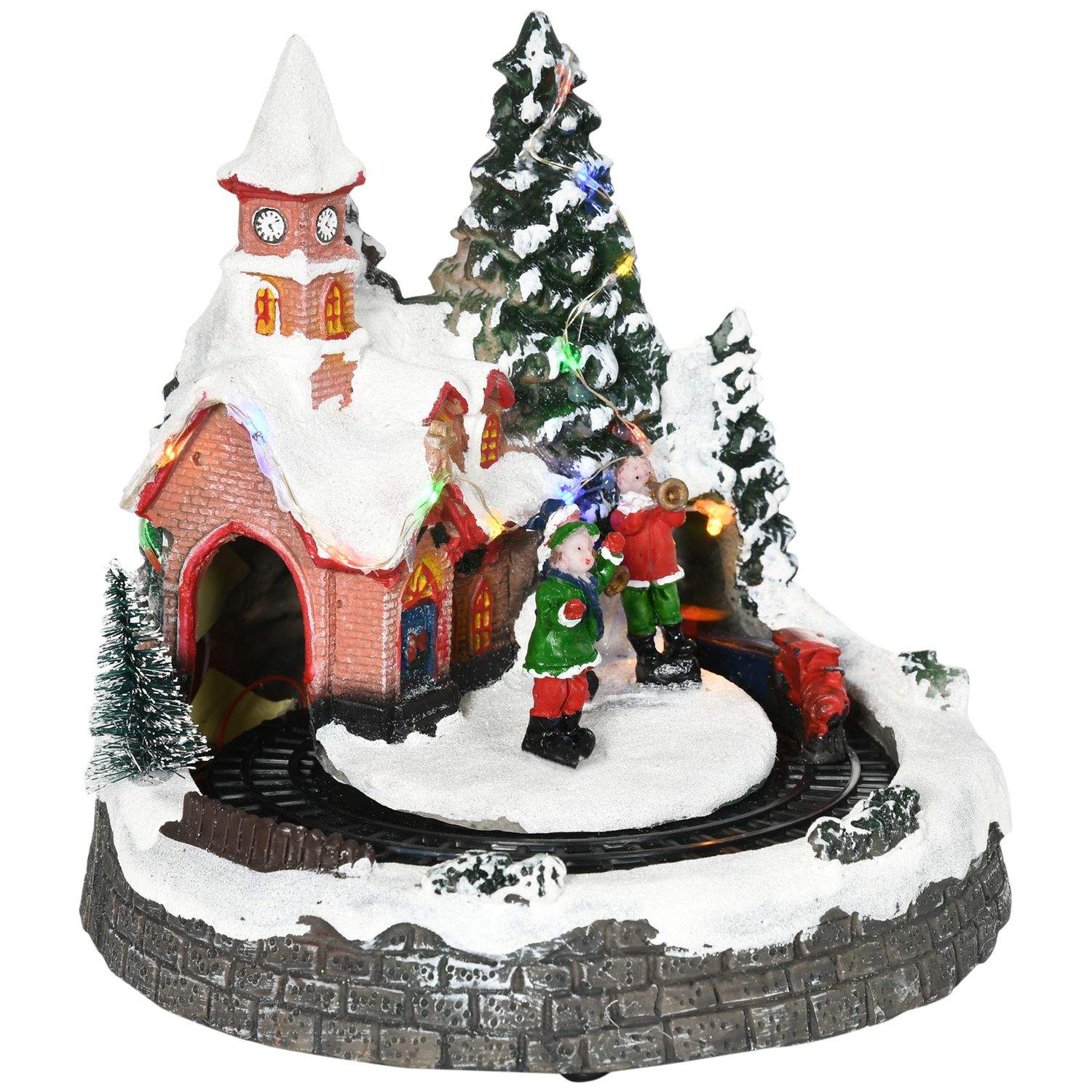 Christmas Village Juleby med LED-belysning, 1 kirke, 5 juletræer, 1 firkant, 2 musikere, 1 kommandant og 1 kørende tog Vinterlan