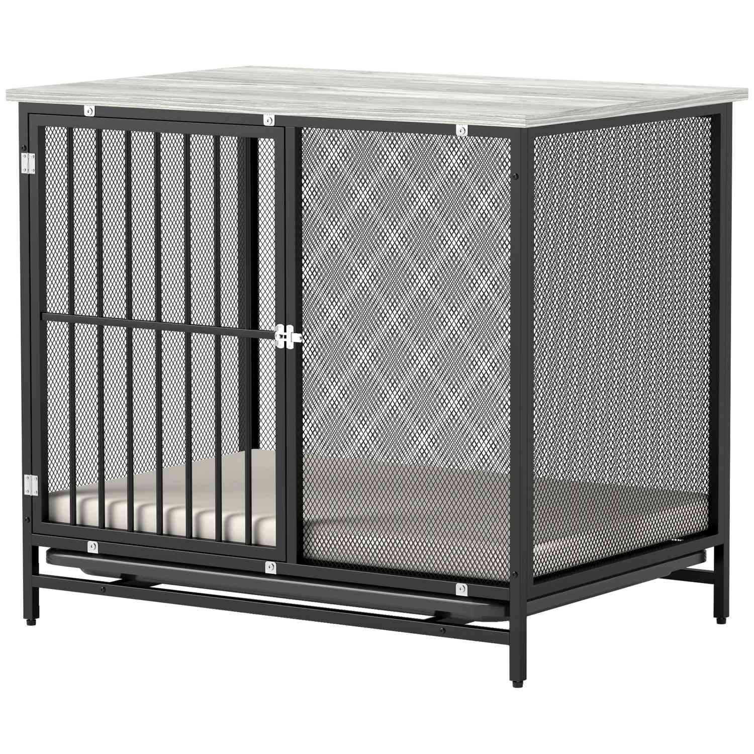 Hundebur til hjemmet, Låsbar hundekennel med pude, Hundebur med paller, Hundehus til mellemstore hunde under 20 kg, Grå, 88 x 55