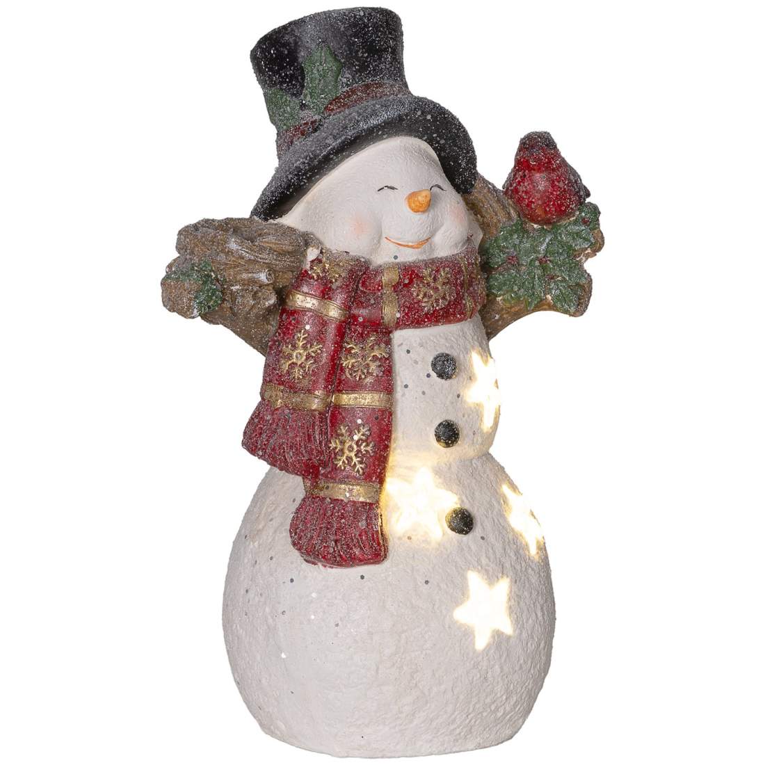 Juldekorationsfigur, snögubbe med halsdukar, mössor och fåglar, 38 cm julfigur med LED-ljus, dekorativ figur för jul, för inom- | Sport & Fritid - Friluftsliv & Camping - Belysning | Pryloteket