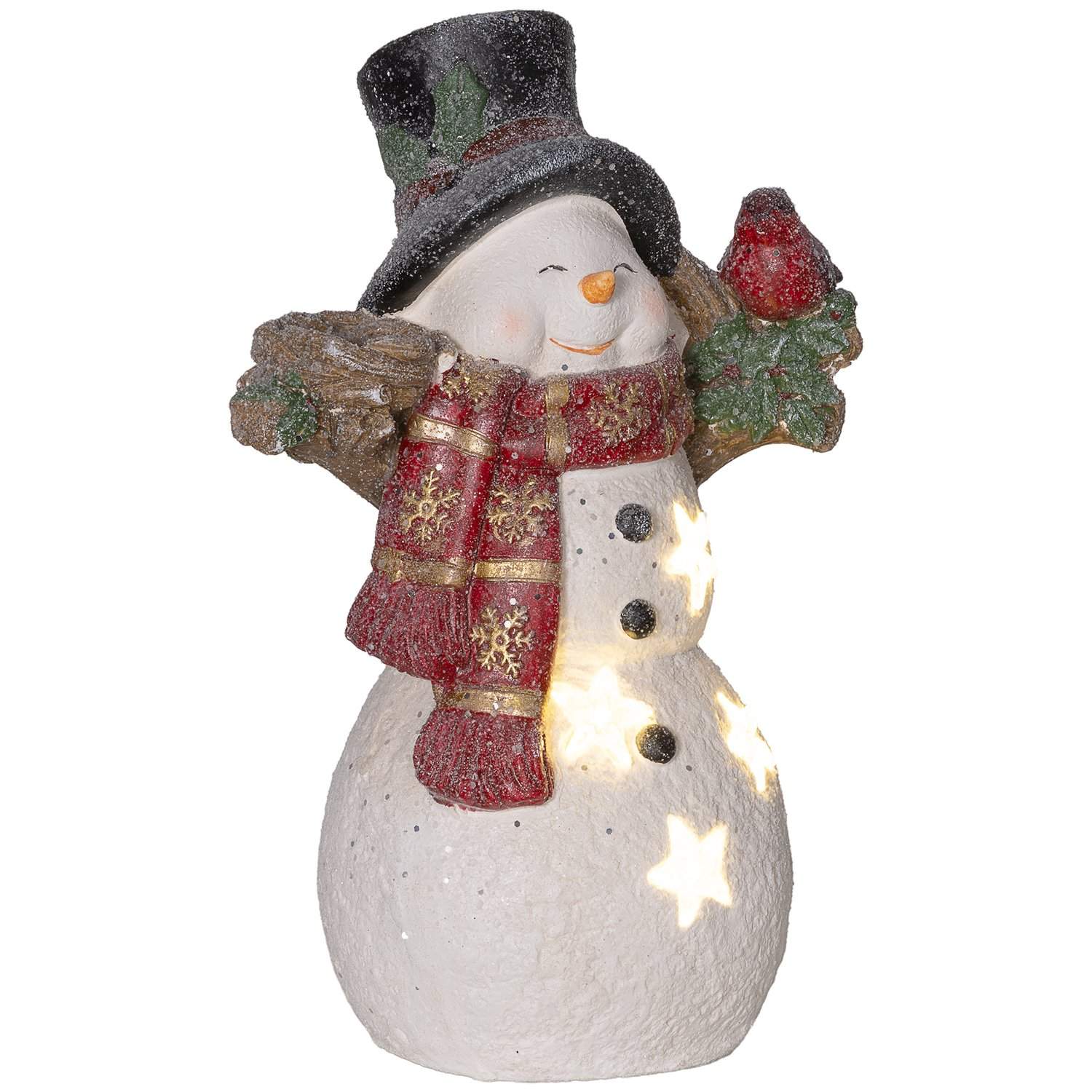 Julepynt figur, snemand med tørklæder, hatte og fugle, 38 cm julefigur med LED lys, dekorativ figur til jul, til indendørs og ud