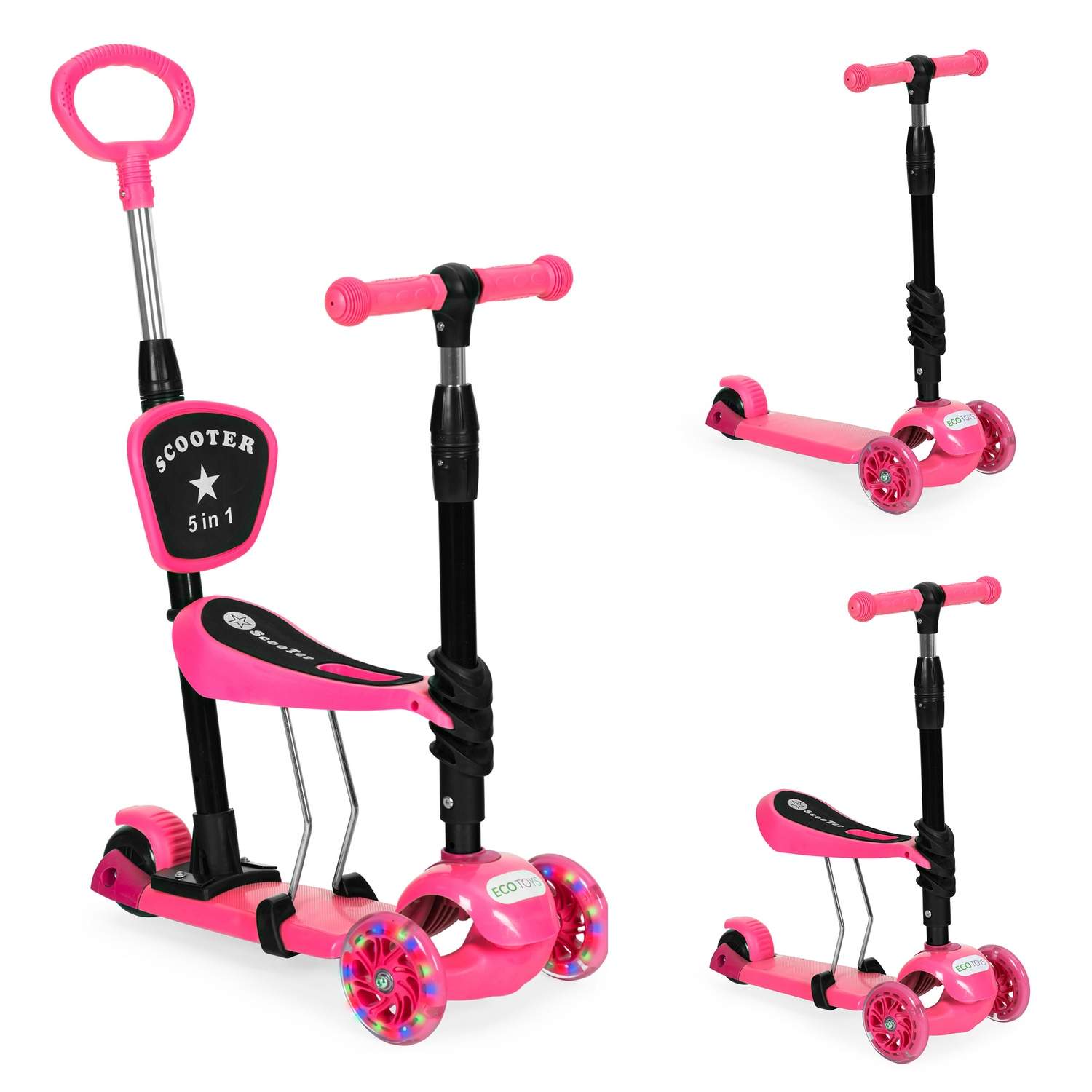 Trehjulet balancescooter med lysende hjul LED, 3-i-1 - Pink ECOTOYS