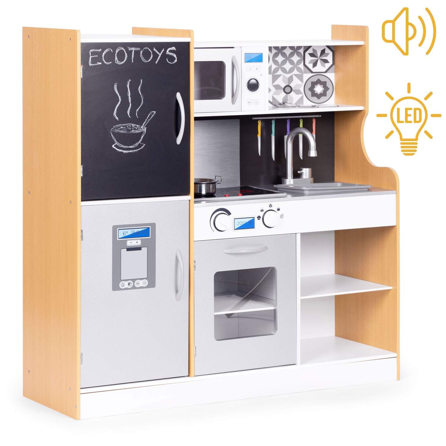 Børnekøkken med lyd og LED kridtplade metaltilbehør MDF +3 år ECOTOYS