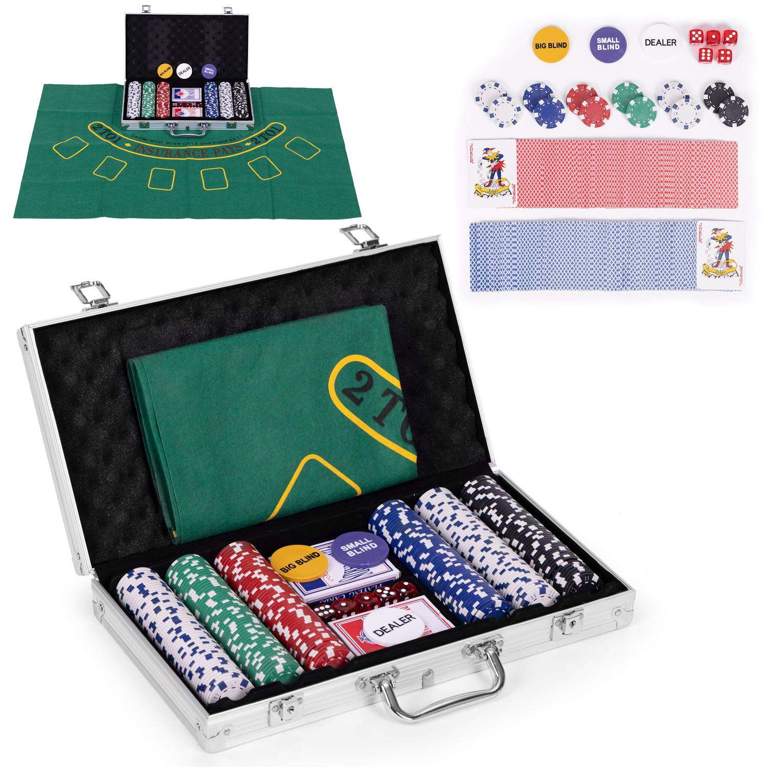 Blackjack pokersæt 300 chips 2 spil kort Terninger Spillemåtte Låsbar bæretaske