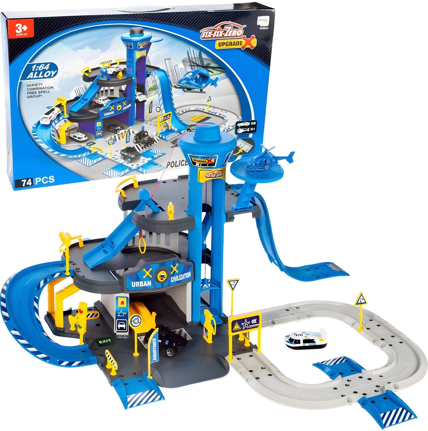 Politistations bilgarage, 3 plan med elevator, biler + helikopter, 74 stk