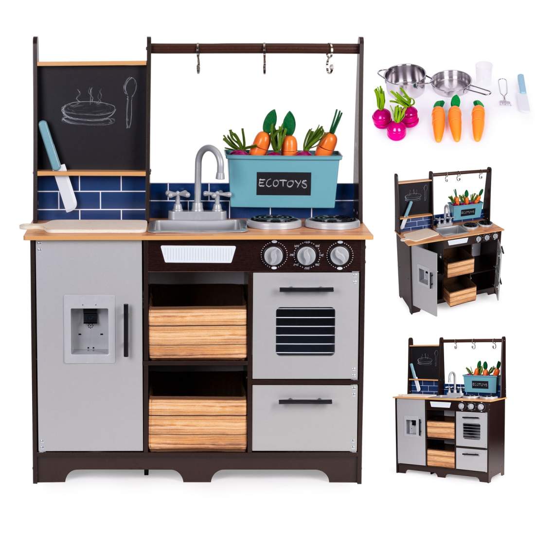 Stort barnkök i trä med mataffär och ECOTOYS tillbehör | Hem & Hobby - Hem & Hushåll - Kök - Köksredskap - Kastruller | Pryloteket