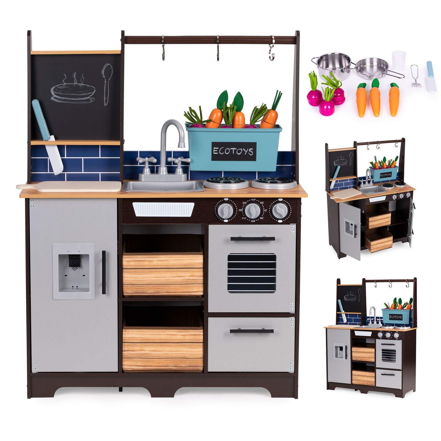 Suuri puinen lasten keittiö, jossa ruokakauppa ja ECOTOYS-tarvikkeita