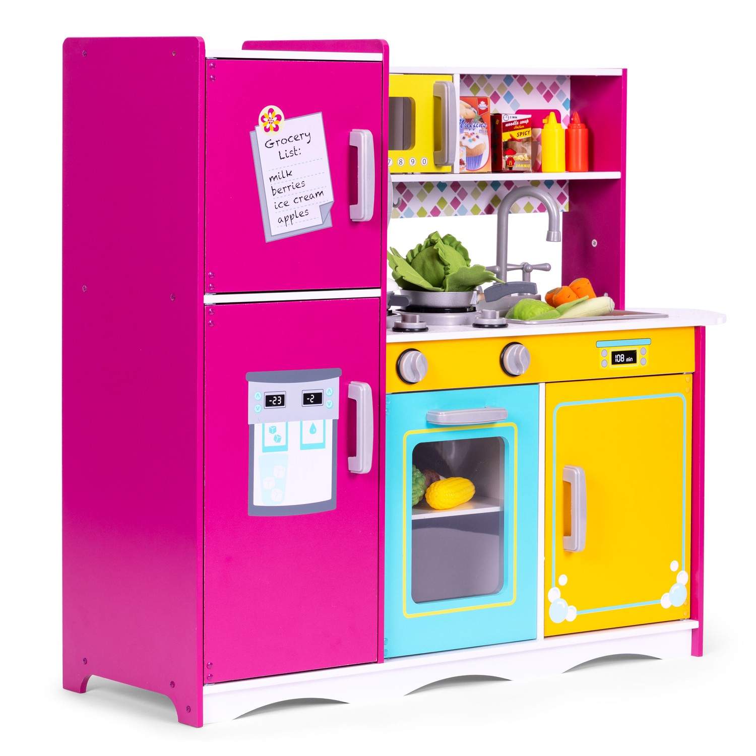 Large Wooden Play Kitchen for Kids Colorful with Opening Fridge, Oven