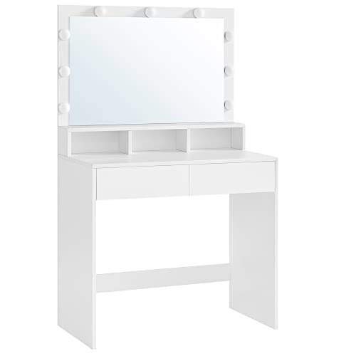 Stort toiletbord med spejl, LED-belysning, skuffer, hvid