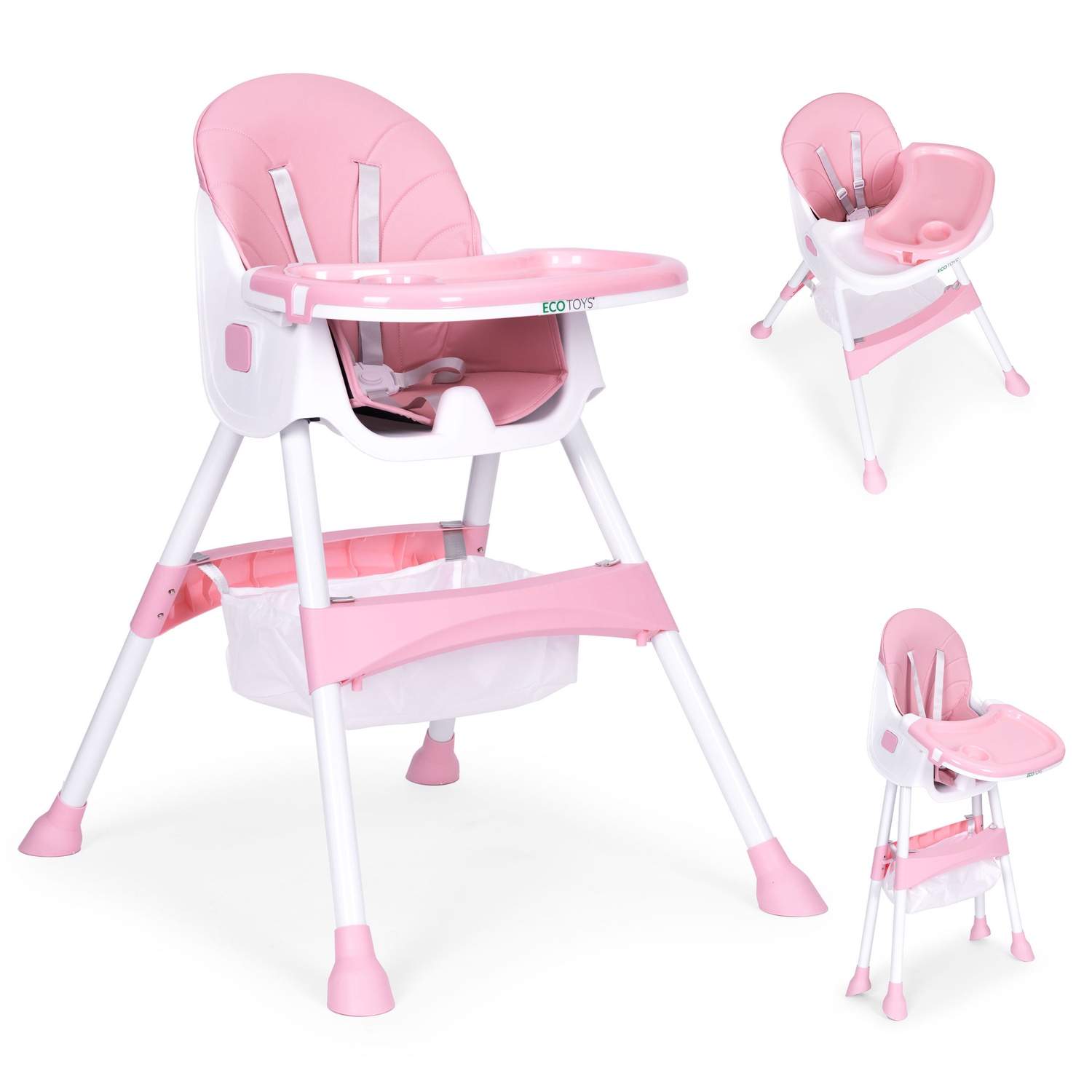 Børnefødestol med bakke og kurv, 5-punktssele, pink, ØKOLEGGE
