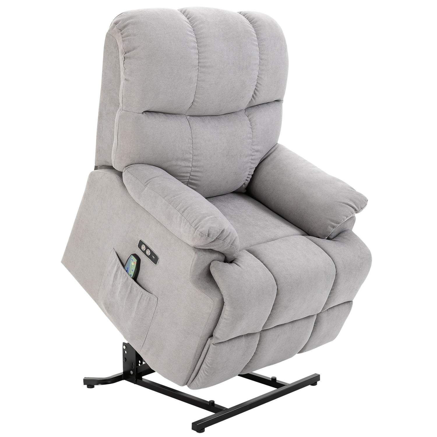 Massagestol med ståhjælp, afslapningsstol, tv-stol med varmefunktion, justerbar vinkel, USB fjernbetjening, kort plys, grå, 83x9