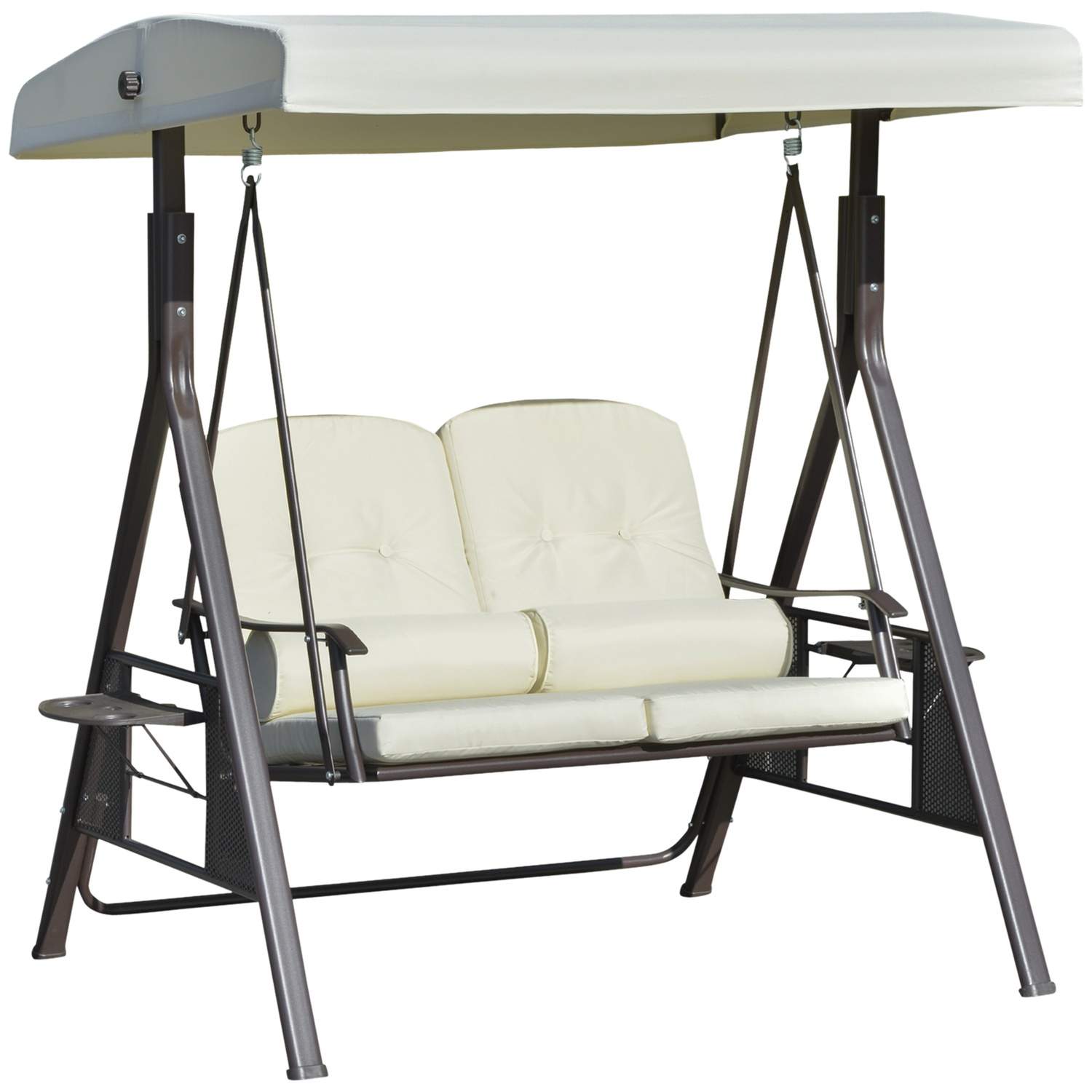 2-personers Hollywood-gynge havegynge med solsejl, pude og bakke, metalramme, polyesterbetræk, beige, 162x118x173cm