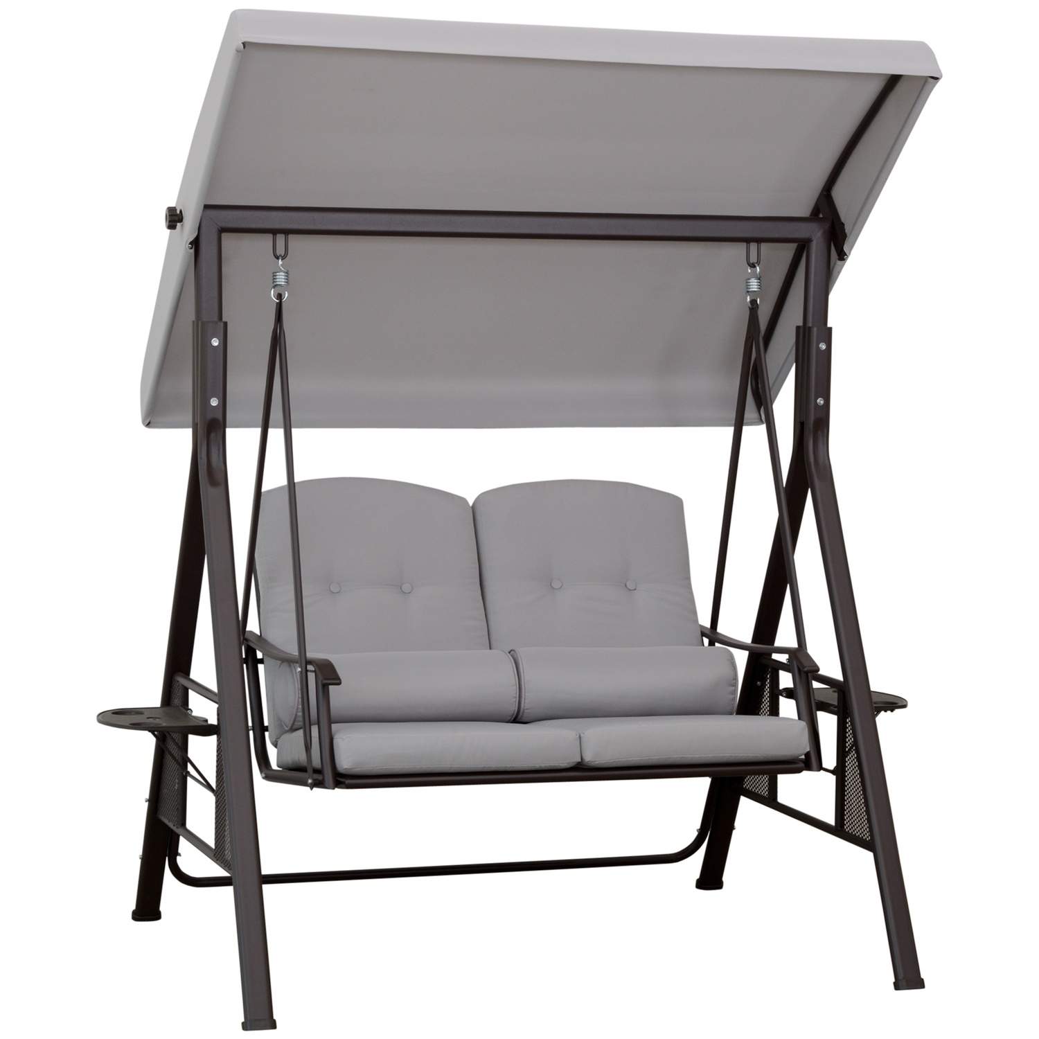 2-personers verandagynge med solsejl, hynder & bakke, moderne havegynge lavet af metal og polyester, grå, 162x118x173cm