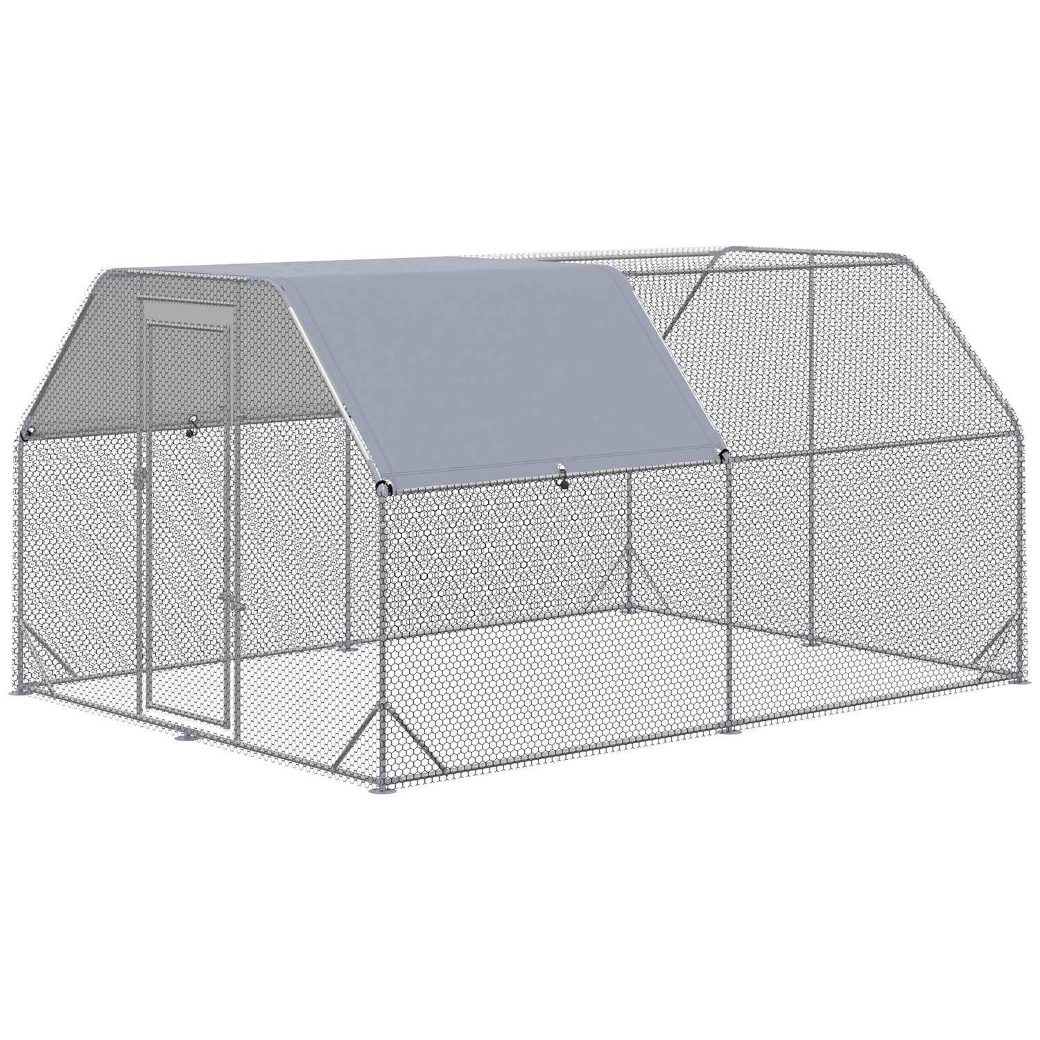 Kanakosketin vapaan laidun kotelo suuri 10-12 kanalle, ovi ja vettä hylkivä aurinkosuojakatto, Oxford/hopea 280x380x195cm