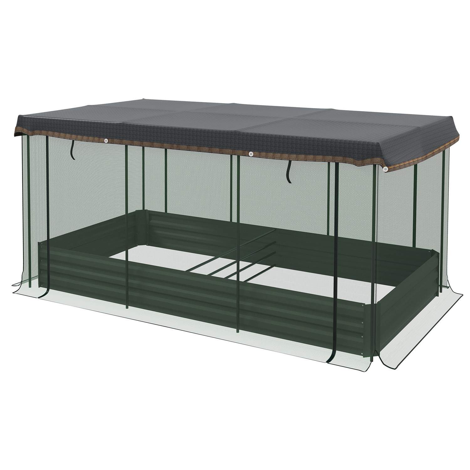 Højbed i stål med fuglebeskyttelsesnet, mørkegrå haveseng til altan og terrasse, 230x110x110cm, ideel solafskærmning