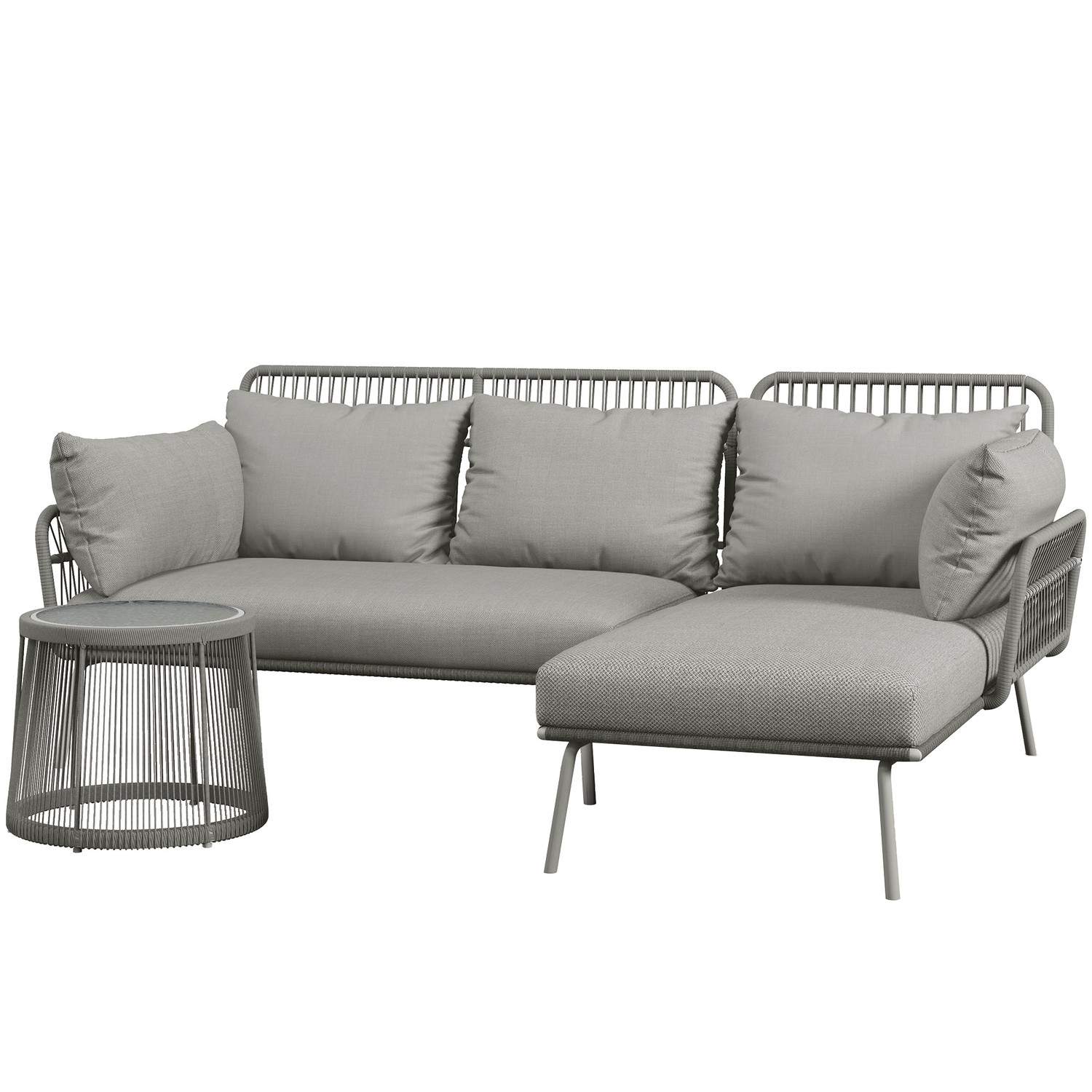 3-delt havemøbelsæt i rattan med hynder, havesæt bestående af 1 sidebord, 1 liggestol, 1 dobbeltsofa, stål, lysegrå