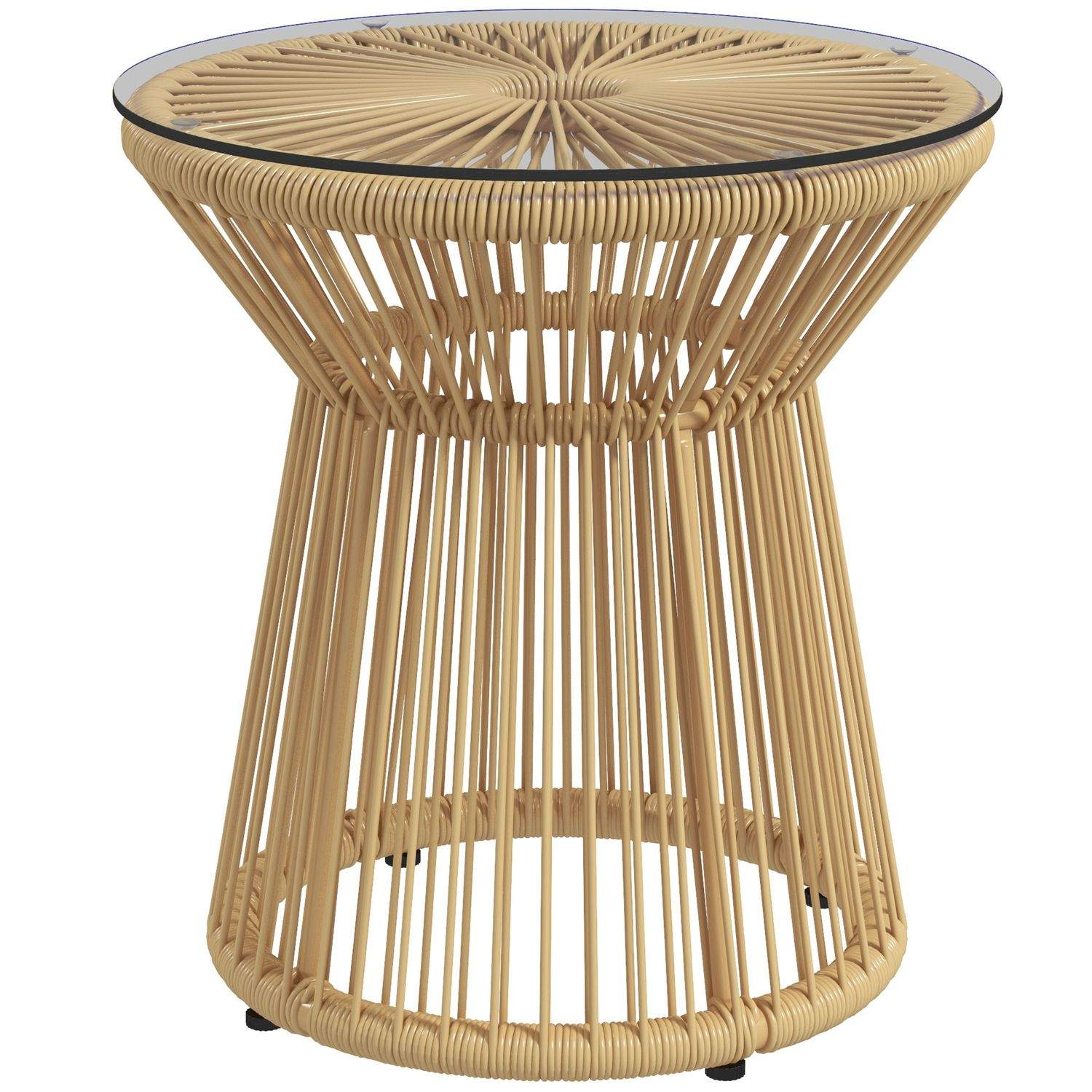 Rundt sidebord sofabord med glasbordplade hul tromle design havebord til terrasse metal beige