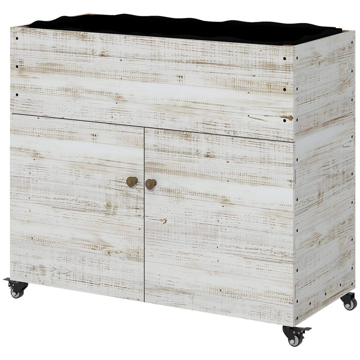 Højbed i træ med skabsrum, urtebed med hjul, plantekasse 110 x 50 x 95 cm, blomsterkasse med fiberdug, hvid til have og altan