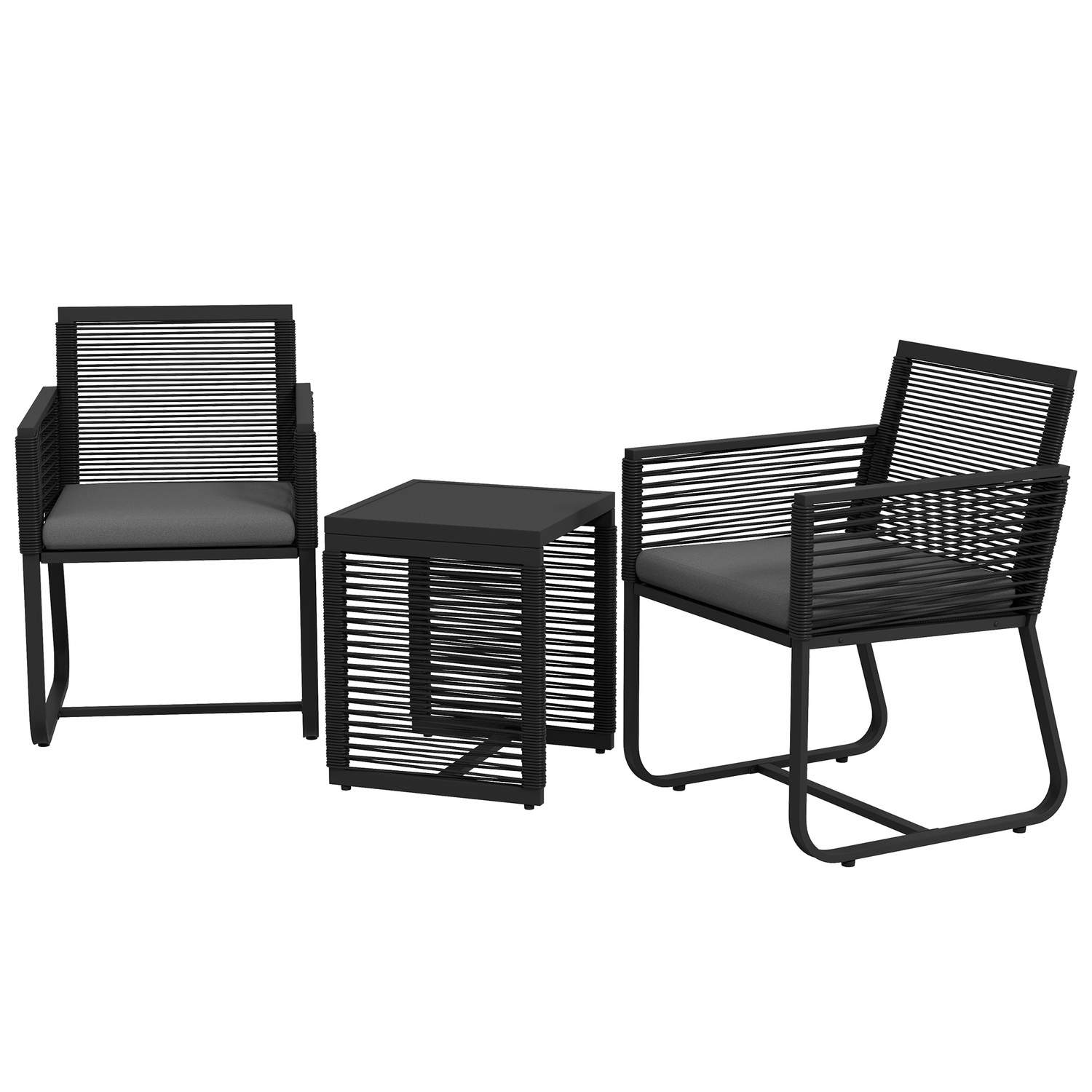 3-delt havemøbelsæt i rattan, elegant siddegruppe med 2 havestole og sidebord af hærdet glas med hynder til altan, sort