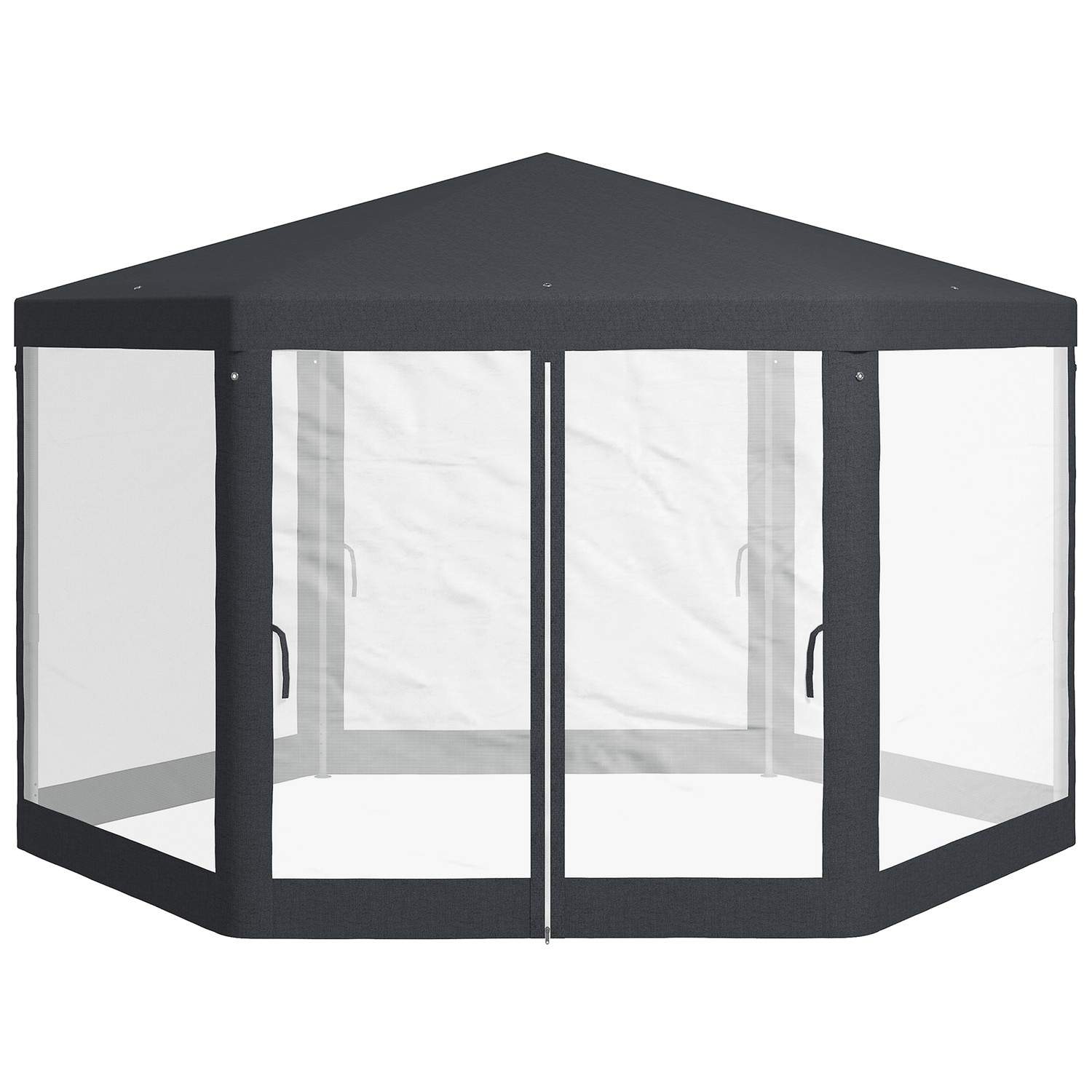Pavillon 4x4 m havepavillon med myggenet, sekskantet, partytelt af polyester & metal, mørkegrå til havefester