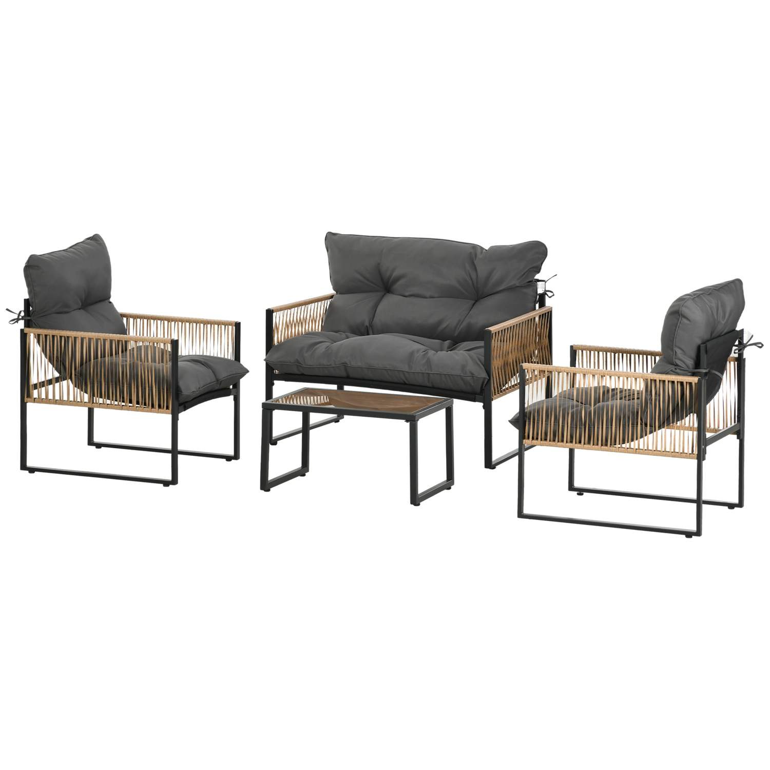 4-delt havemøbelsæt i rattan med hynder, havesiddegruppe, 1 sofabord i glas, 2 lænestole, 1 dobbeltsofa, elegant siddesæt