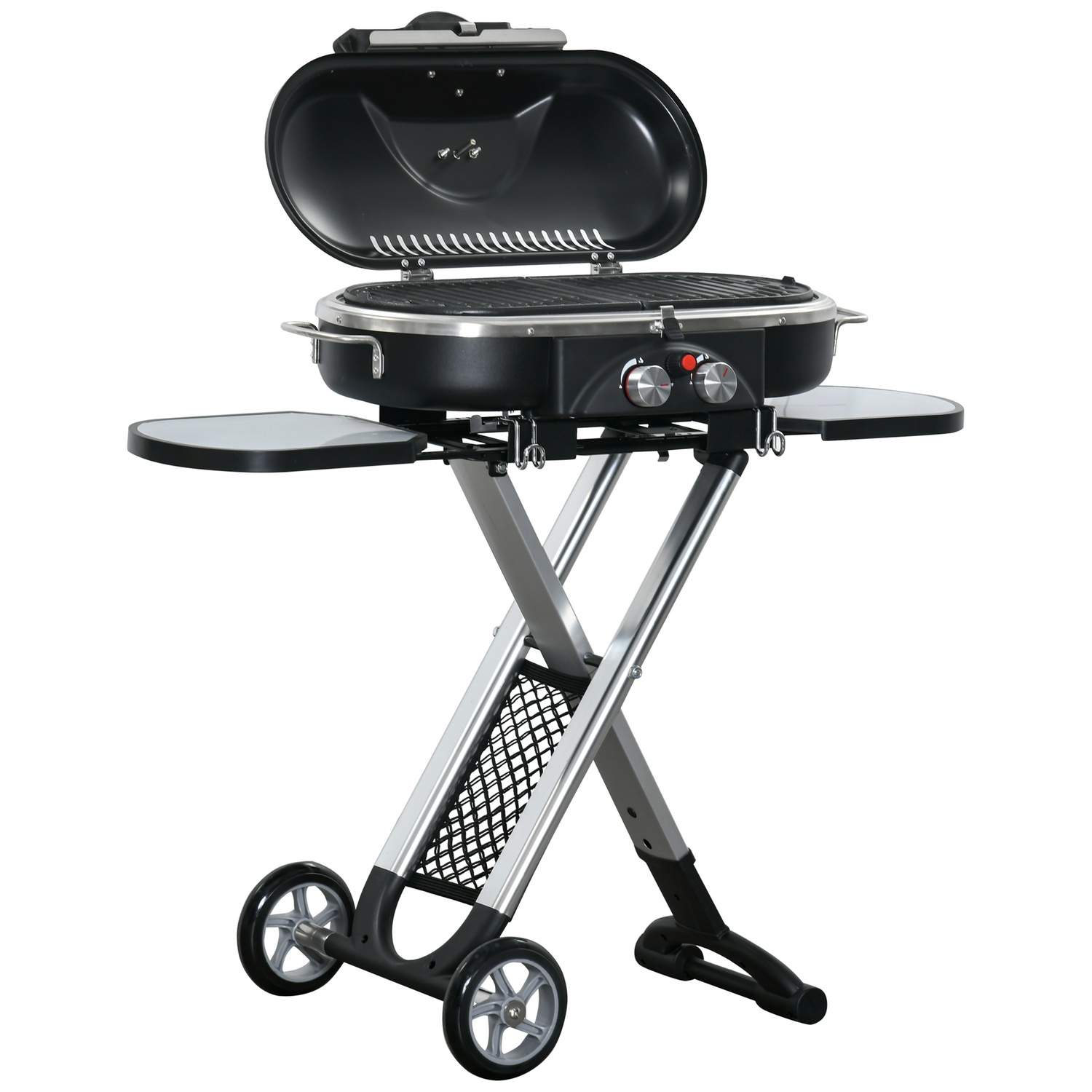 Gasgrill BBQ grillvogn foldbar med 2 brændere og grillnet, rustfrit stål sort sølv, sidehylde med hjul, 2,34 kW, 100x41,6x82,5cm