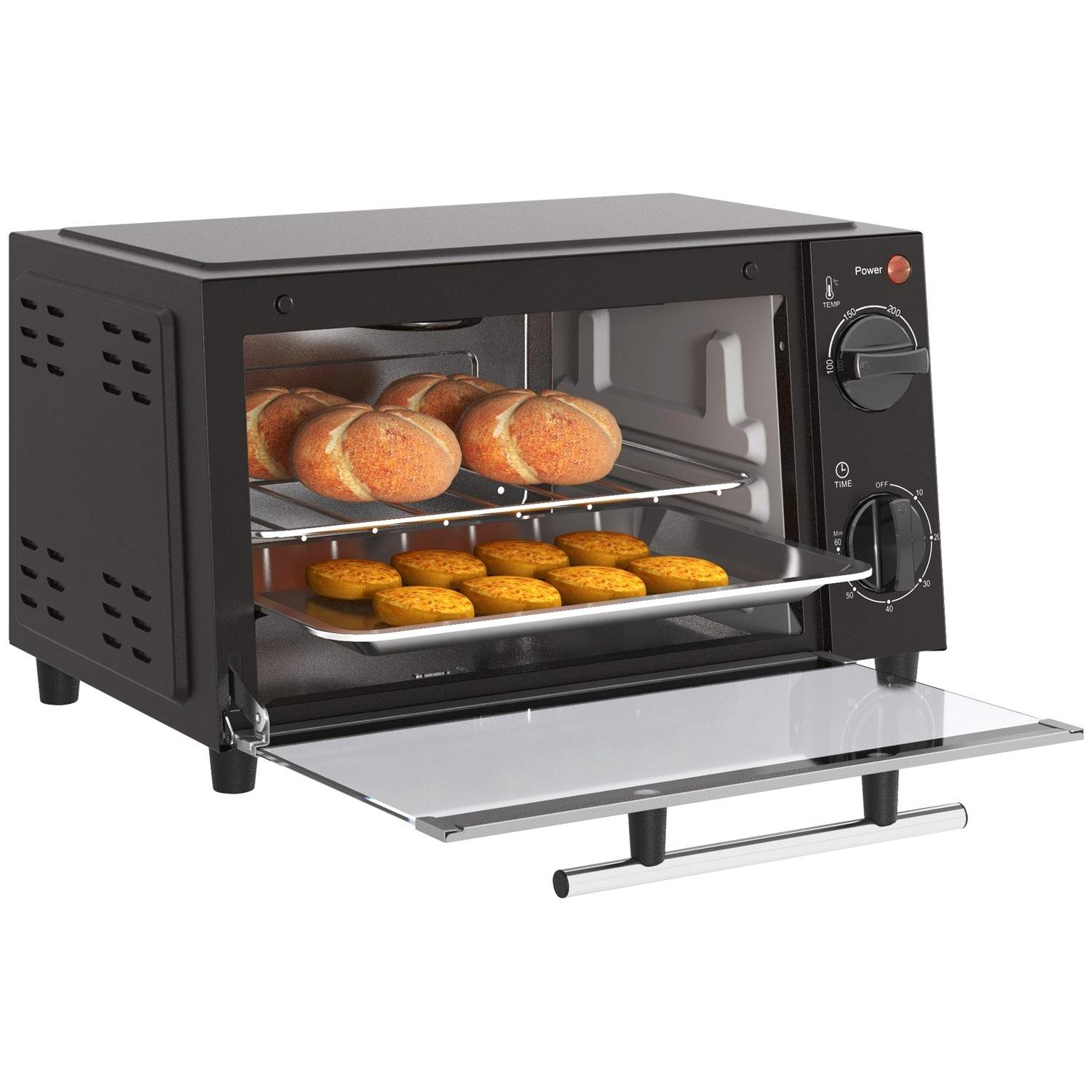 Miniovn 9L miniovn med bageplade, grillrist, 100 °C-230 °C, med justerbar temperatur og tilberedningstid, 60 min timer, 750W, ru