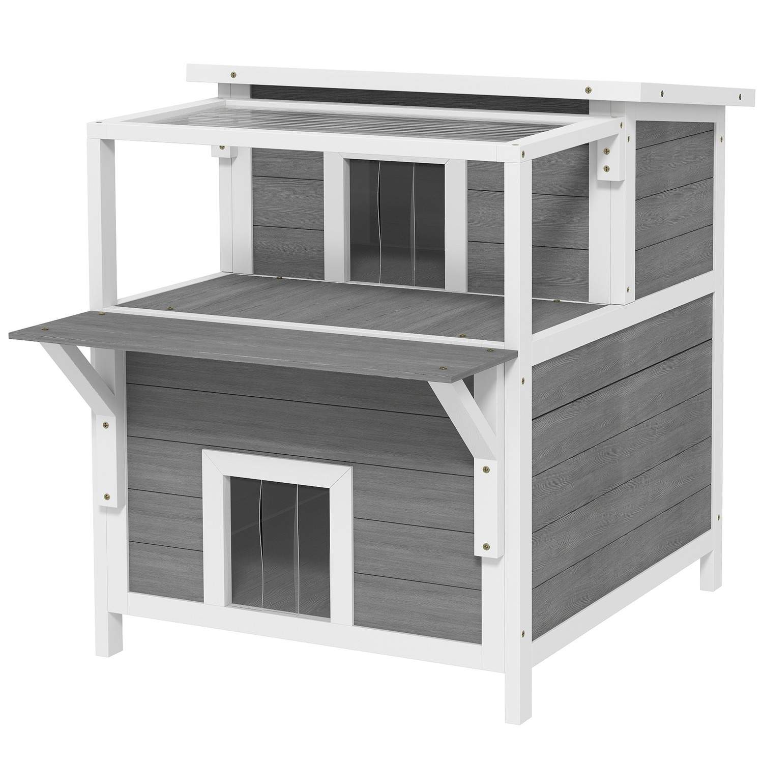 Kattehule, kattehus lavet af grantræ, kattehus med balkon, indgange, til katte op til 5 kg, udendørs, 64 x 87 x 76 cm, lysegrå