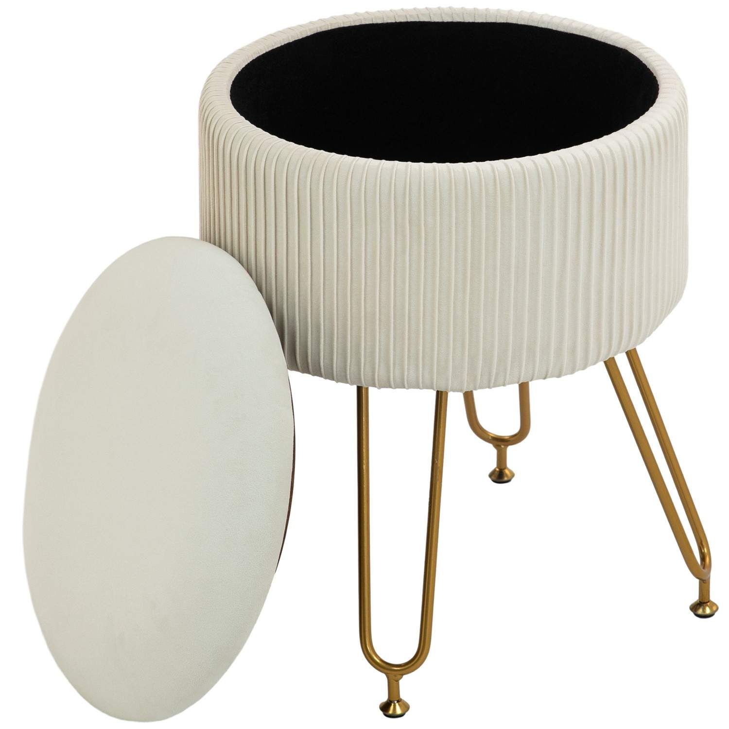 Bænk med opbevaringsplads, 2-i-1 polstret bænk med låg, sengebænk med fløjlslook, til entre, soveværelse, stue, stålstel, Ø40 x