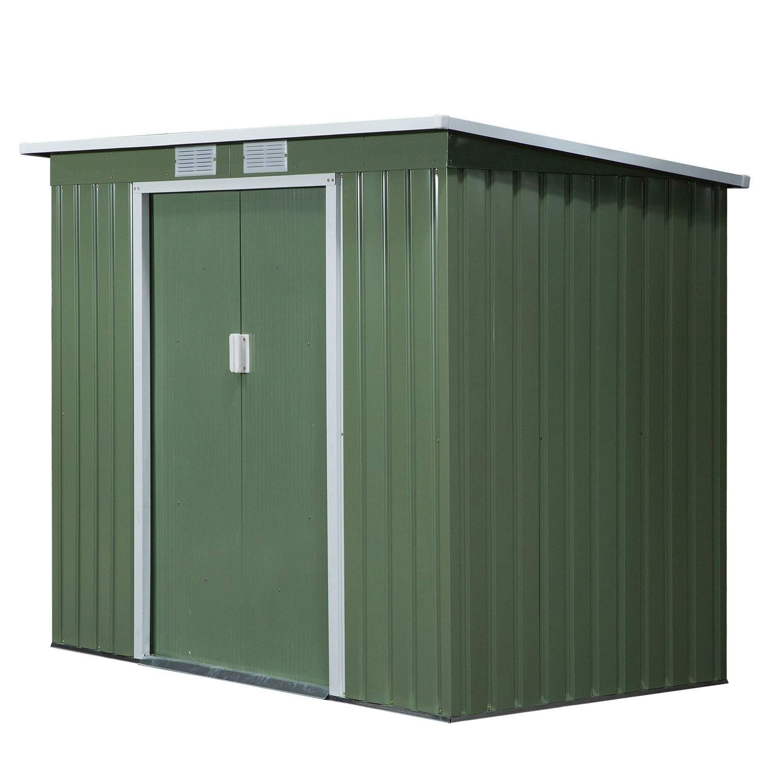 Redskabsskur 2,42 m², haveskur med ventilationsvindue, skydedør, fundament, 213 x 130 x 159/172 cm, redskabsskur af galvaniseret