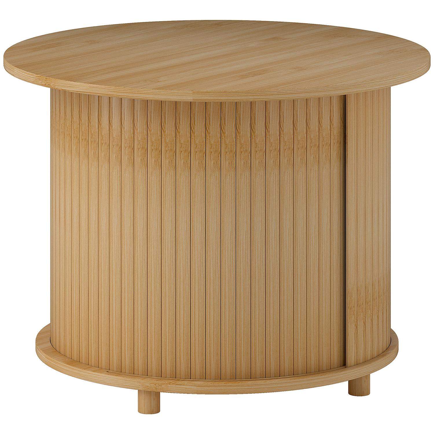 Sofabord stuebord af bambus med skjult opbevaringsplads og skydedør, rundt sidebord i moderne stil, til stue, natur, Ø60 x 45 cm