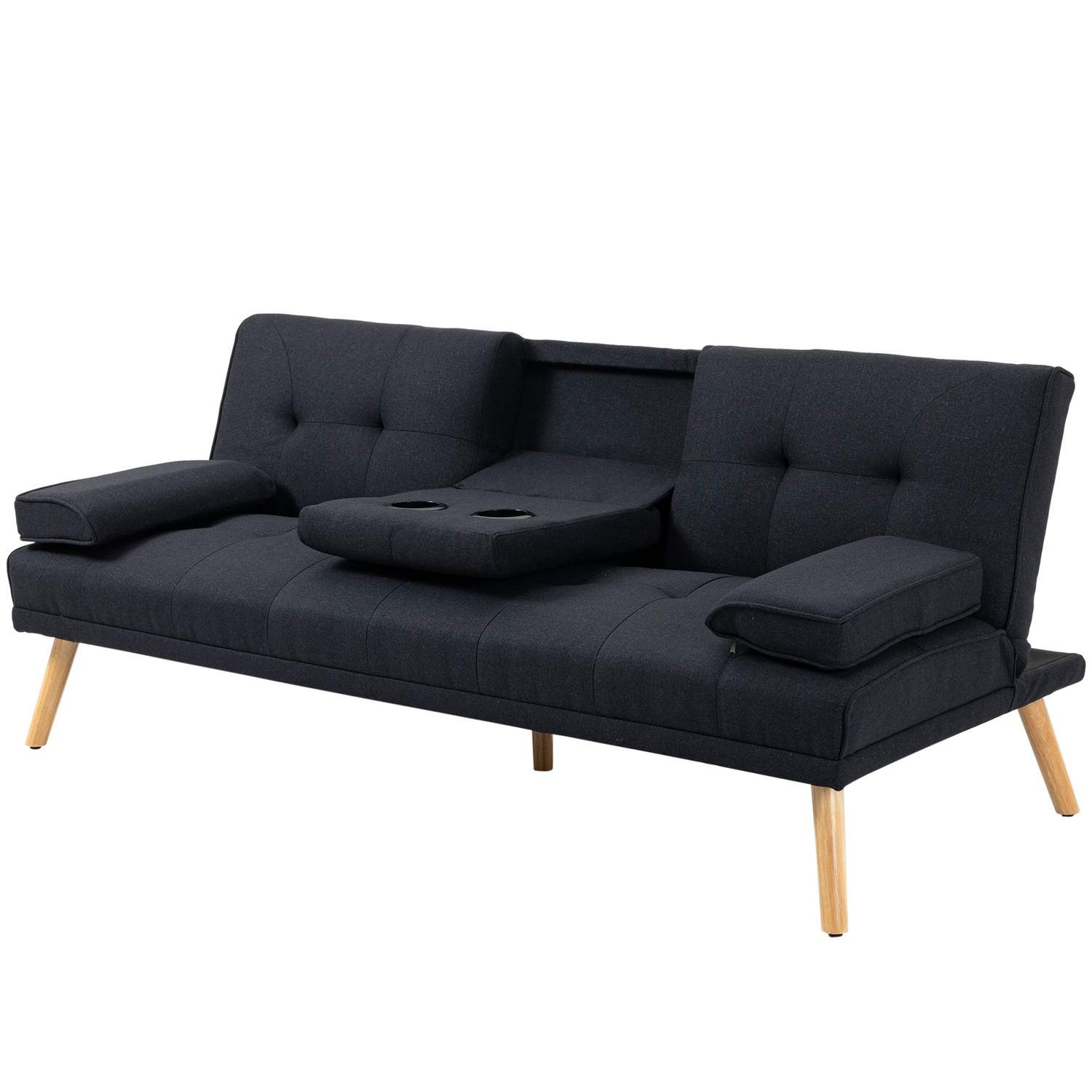 Sovesofa, 3-personers sovesofa med klapbord, kopholder, sengesofa med hørlook, i Scandi design, bæreevne op til 250 kg, til stue