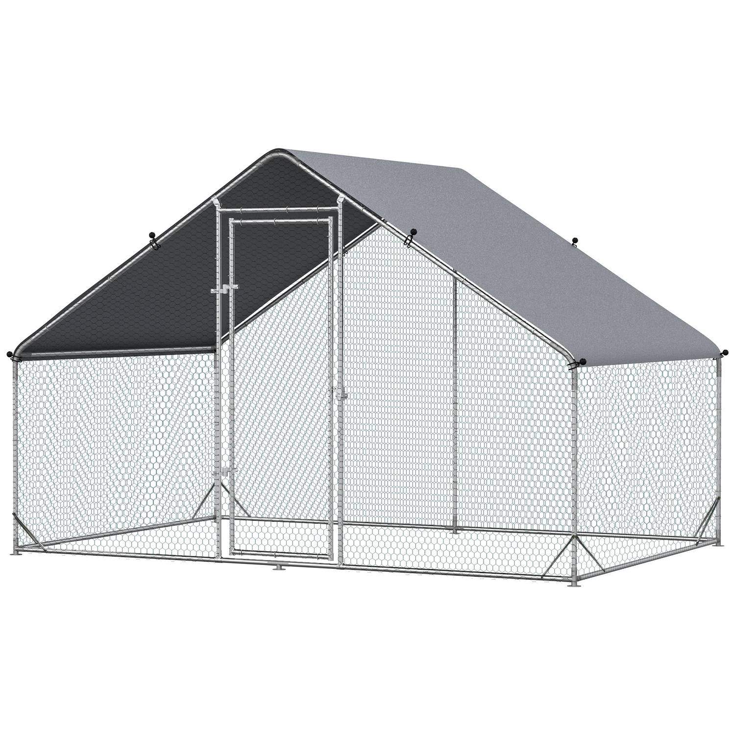 Fritgående hønsehus af stål, 300 x 200 x 200 cm hønsebur med låg, dør, hønseindhegning til 4-6 høns, smådyr, sølv