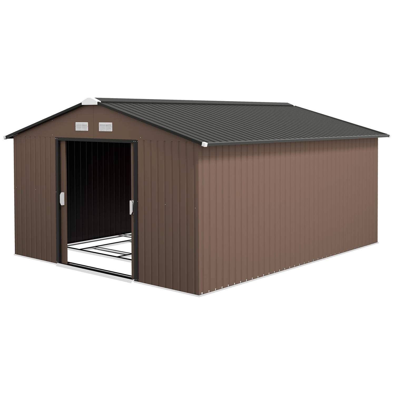 Værktøjsskur 12,4 m², haveskur med pulttag, skydedør, fundament, 340 x 386 x 200 cm, redskabsskur af galvaniseret stål, vejrbest