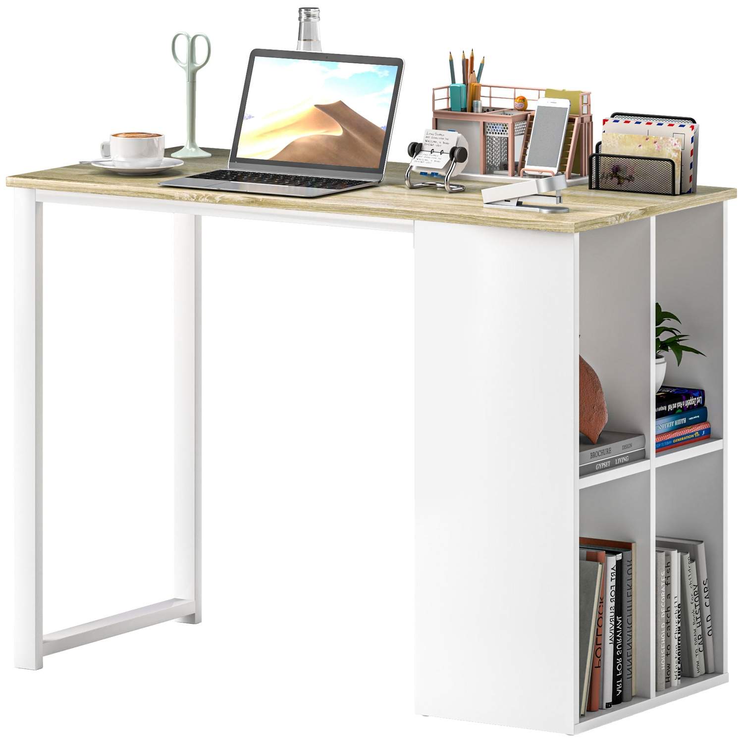 Skrivebordscomputerbord med opbevaringsrum, moderne kontorbord med stålstel, PC-bord til hjemmekontor, arbejdsværelse, lille vær