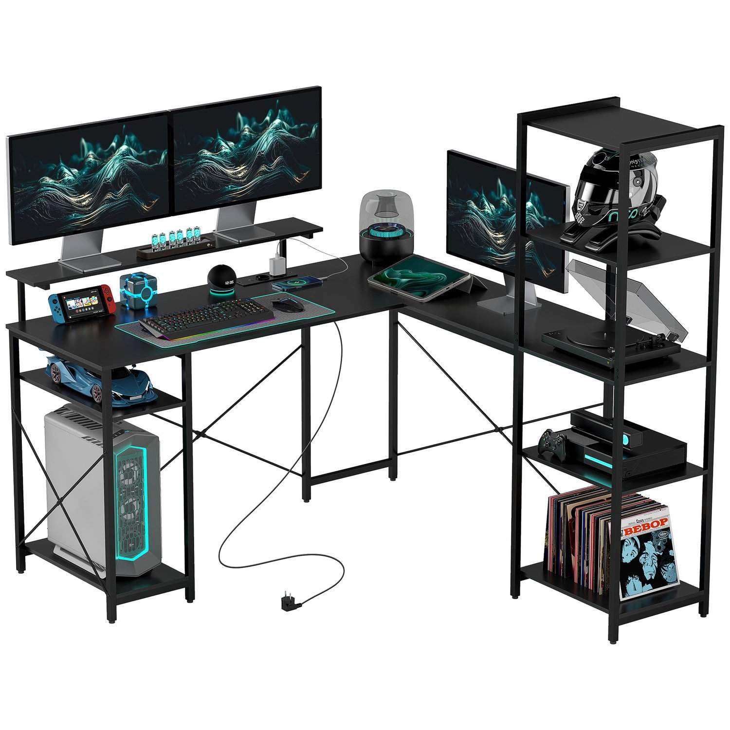 Skrivebord, L-formet computerbord 137 x 140 x 139,5 cm Hjørneskrivebord med 6 hylder, kontorbord med skærmstativ, USB, stik, til
