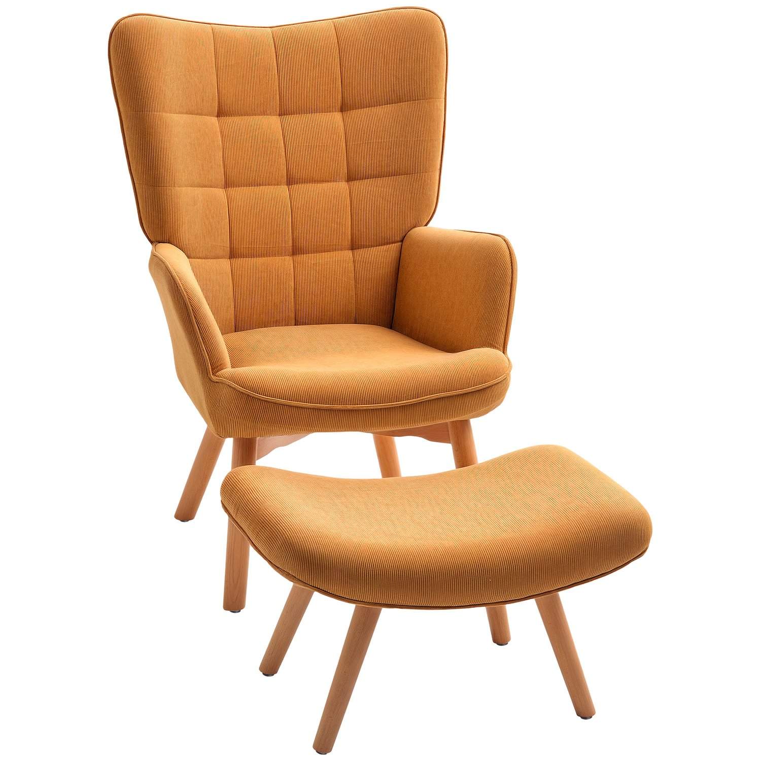 Lænestol med skammel, fløjstol med høj ryg, træben, tuftet design fløjlsbuks-look loungestol til stuen, brun
