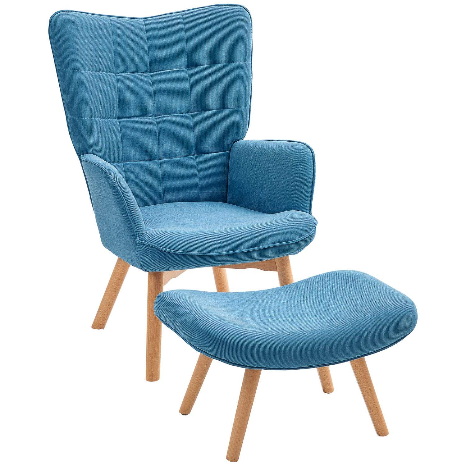 Lænestol med skammel, fløjstol med høj ryg, træben, tuftet design fløjlsbuks-look loungestol til stuen, blå
