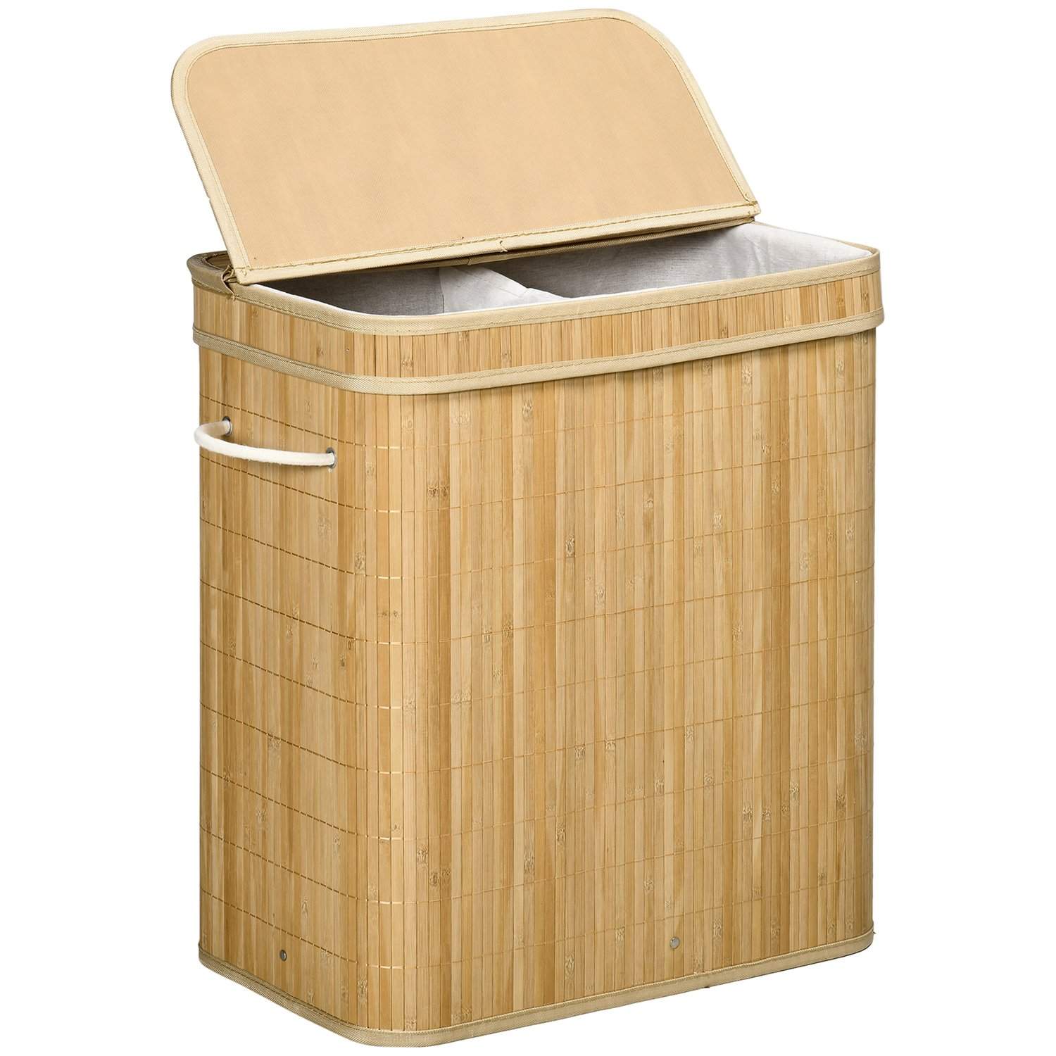 Bambus vasketøjskurv med låg og håndtag, 90 liters kapacitet med 2 sektioner og en aftagelig stofpose - 54,2 x 35,2 x 59,5 cm
