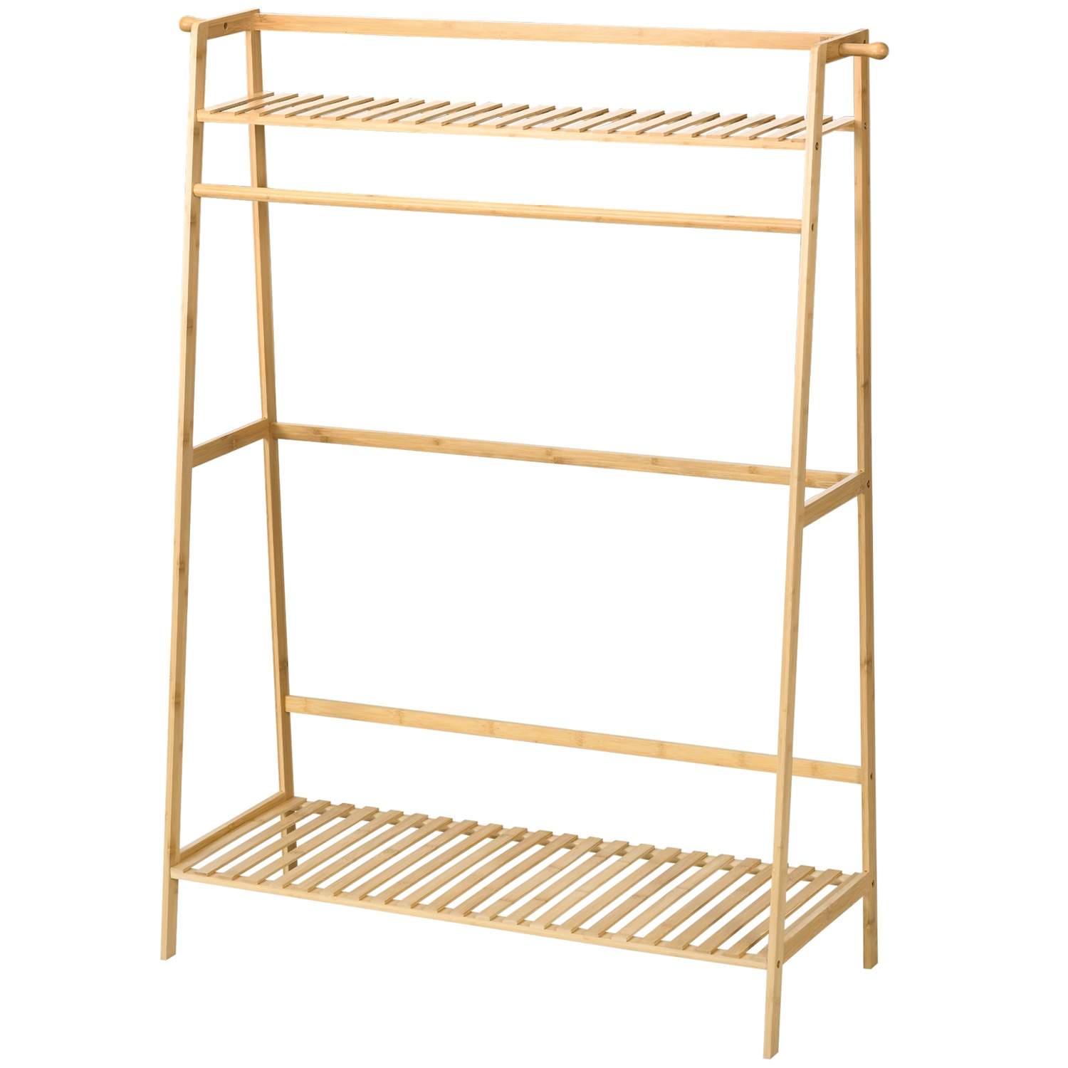 Tøjstativ med 2 hylder, 2 kroge og 1 bøjlestang lavet af bambus - mål 114L x 40W x 139H cm naturtræ