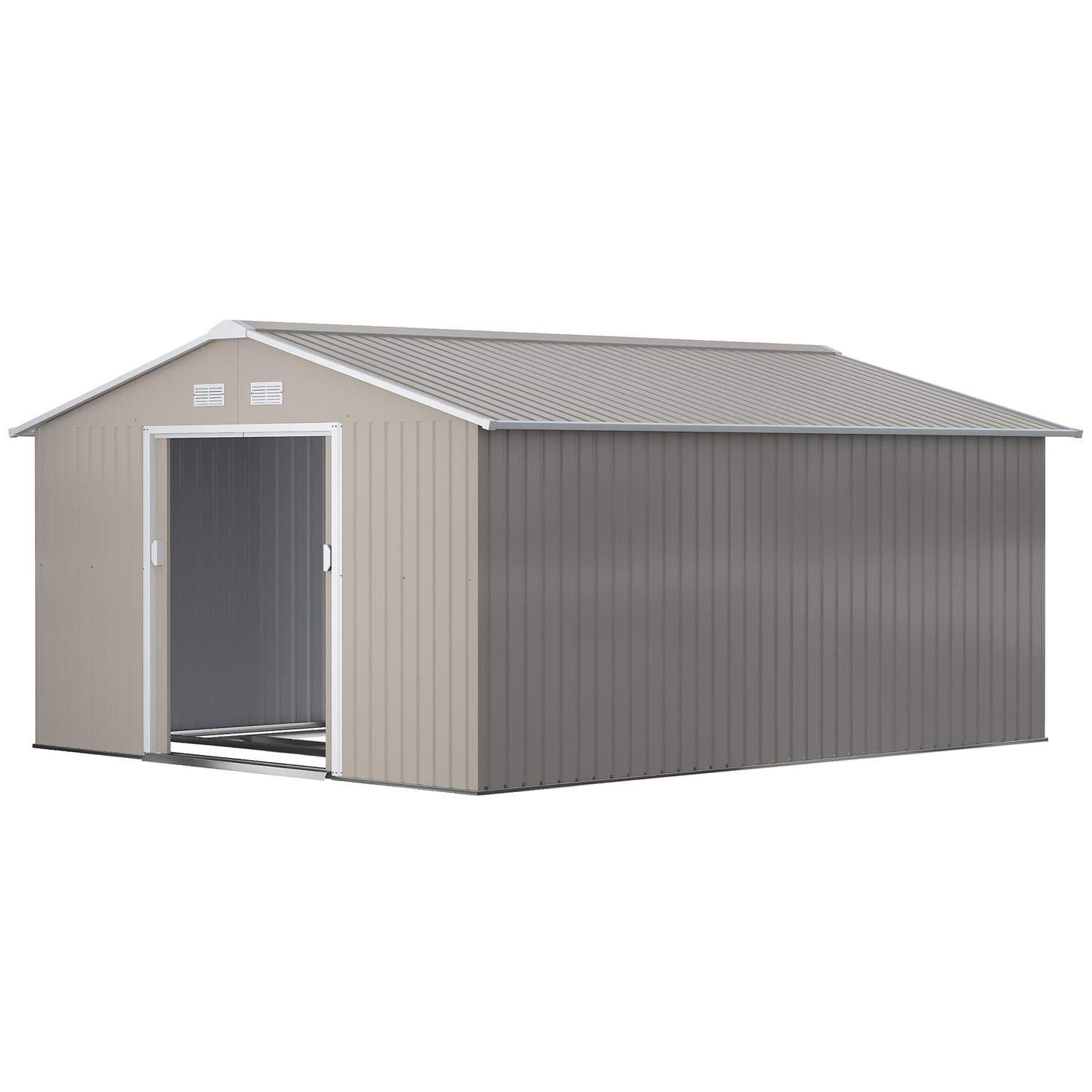 Værktøjsskur 12,4 m², haveskur med pulttag, skydedør, fundament, 340 x 386 x 200 cm, redskabsskur af galvaniseret stål, vejrbest