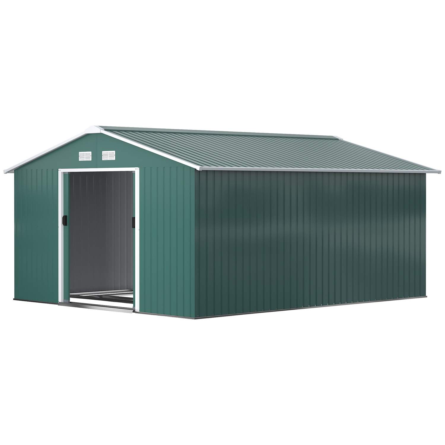 Værktøjsskur 12,4 m², haveskur med pulttag, skydedør, fundament, 340 x 386 x 200 cm, redskabsskur af galvaniseret stål, vejrbest