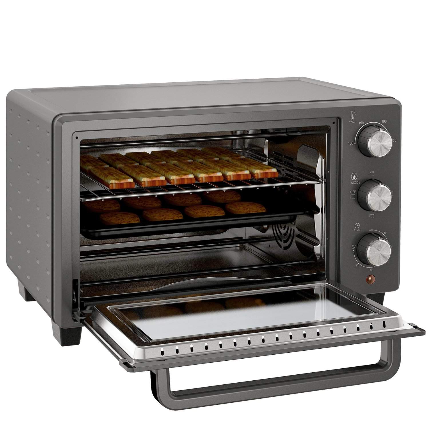 Miniovn 21L 1400W 60 min. Timer, lille ovn med 100°C-230°C justerbar temperaturtilberedningstid, miniovn med bageplade, riste, b
