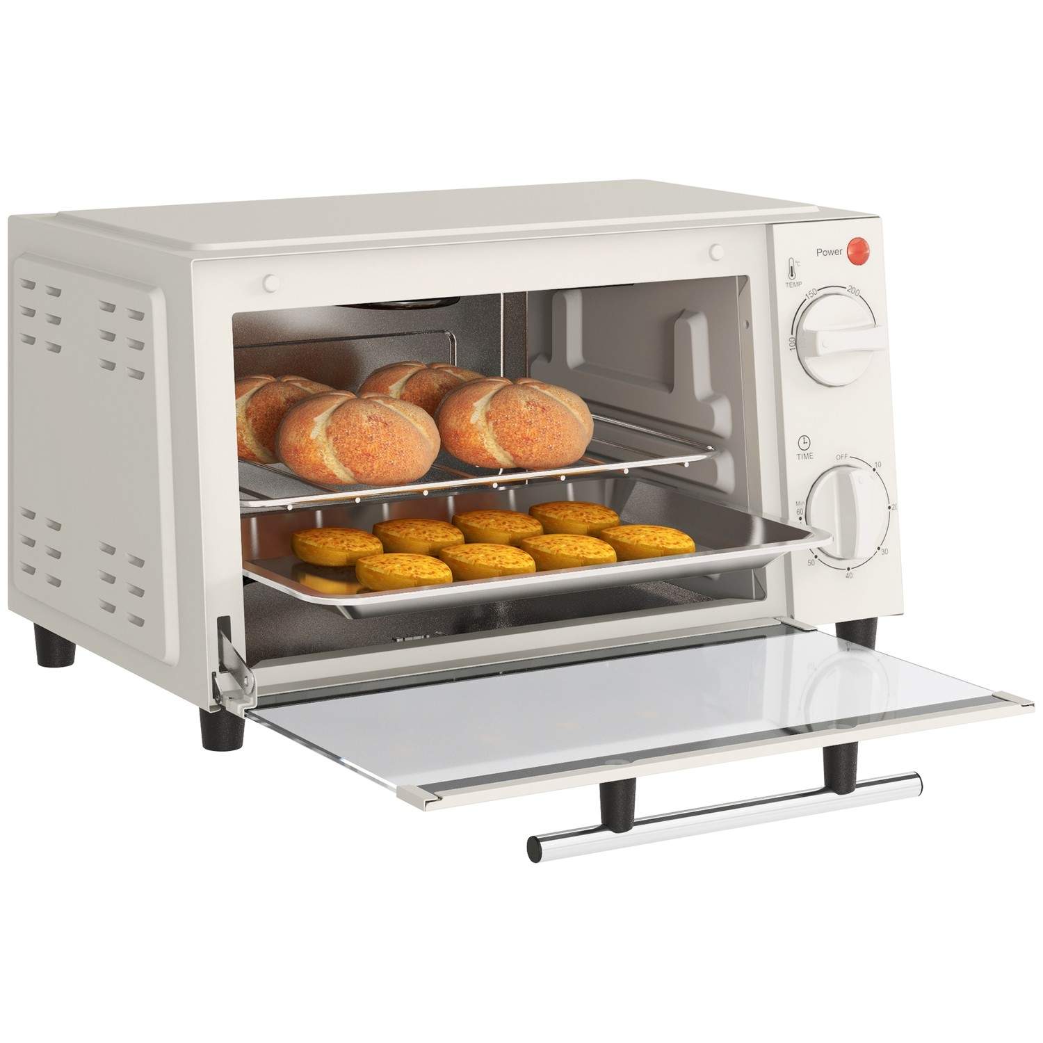 Miniovn 9L miniovn med bageplade, grillrist, 100 °C-230 °C, med justerbar temperatur og tilberedningstid, 60 min timer, 750W, ru