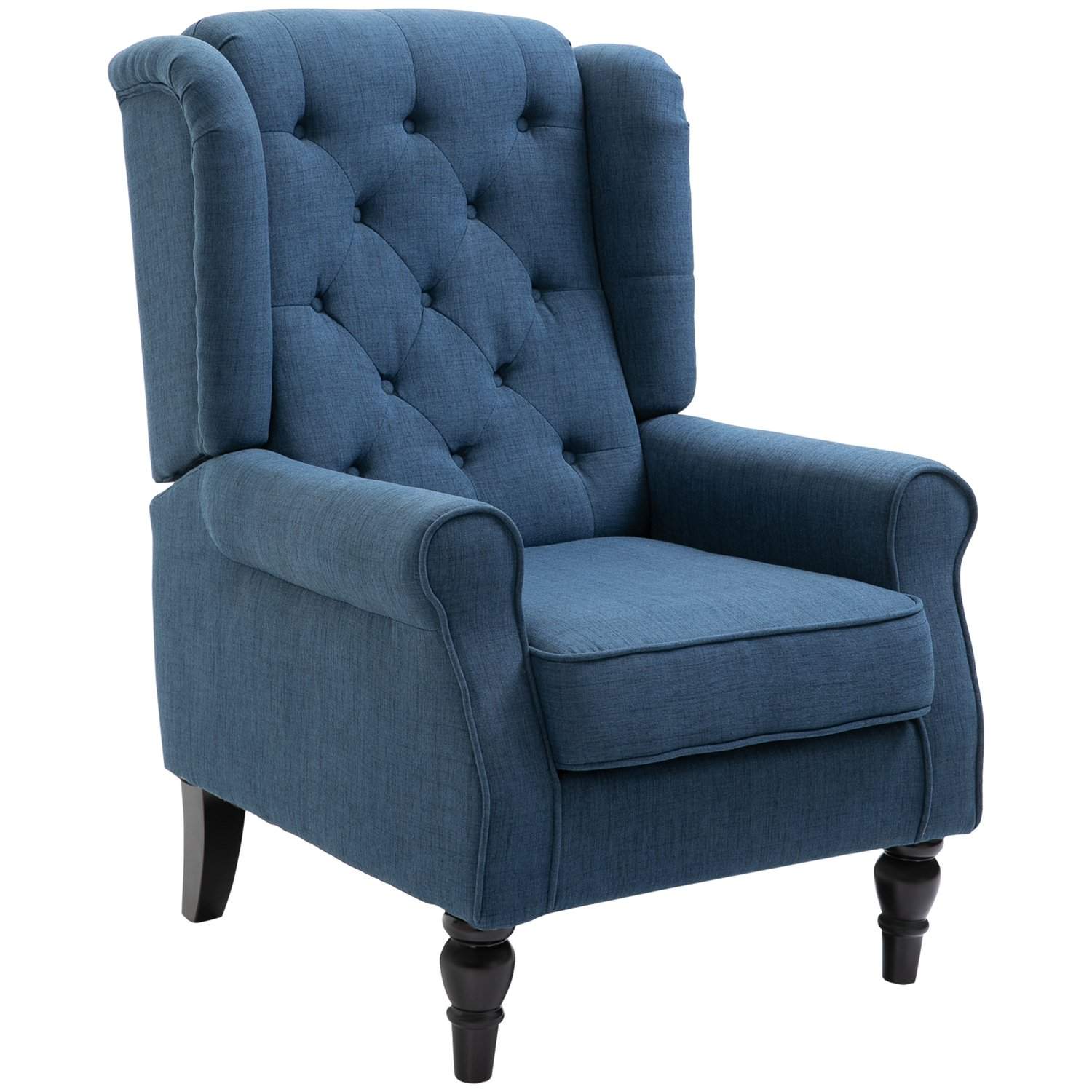 Tuftet Wing Chair høj ryg polstret lounge stol med afrundede armlæn træben til soveværelse stue op til 160 kg blå