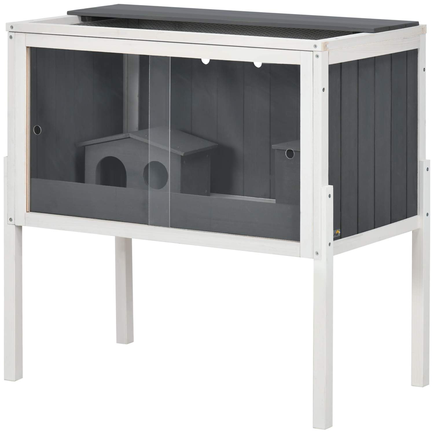 Hamsterbur i træ til dværghamstere, gnaverbur, smådyrsbur med 2 hytter og tilbehør, stort musebur, 82 x 45 x 81 cm, grå