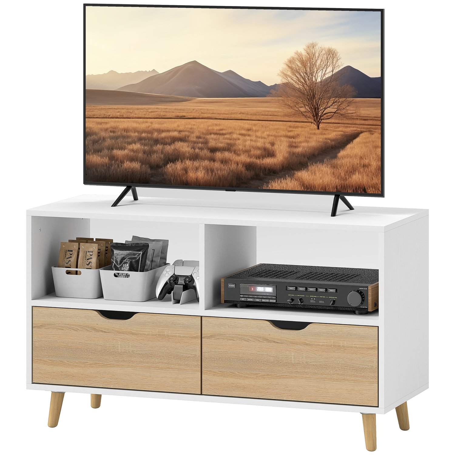 Tv-skab lowboard med 2 hylder, skuffe, 99 cm langt tv-bord til fjernsyn, tv-bord til stue, hvid